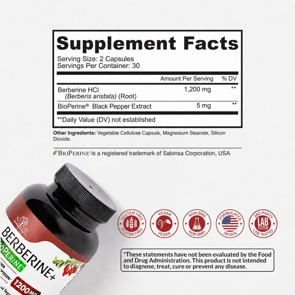 Berberine Supplement 1200mg - 5X Higher Absorption - Ultra Pure 98% Berberine HCL - Healthy Weight Management, Immune Support - Non GMO, Manufactured in USA - 60 Vegan Capsules