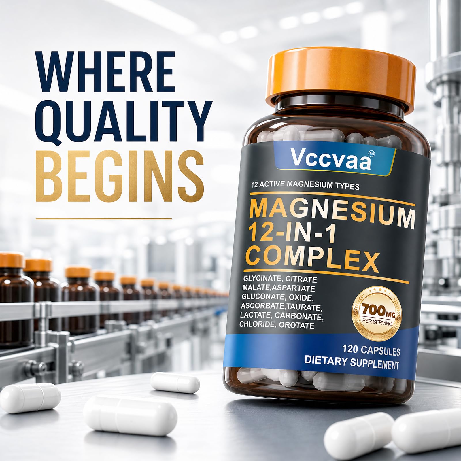 Magnesium Complex 700mg | 12-in-1 High Absorption Supplement | Glycinate, Citrate, Malate, Taurate & More | Sleep Support, Muscle Cramp Relief, Stress, Heart & Nerve Health | 120 Vegan Capsules