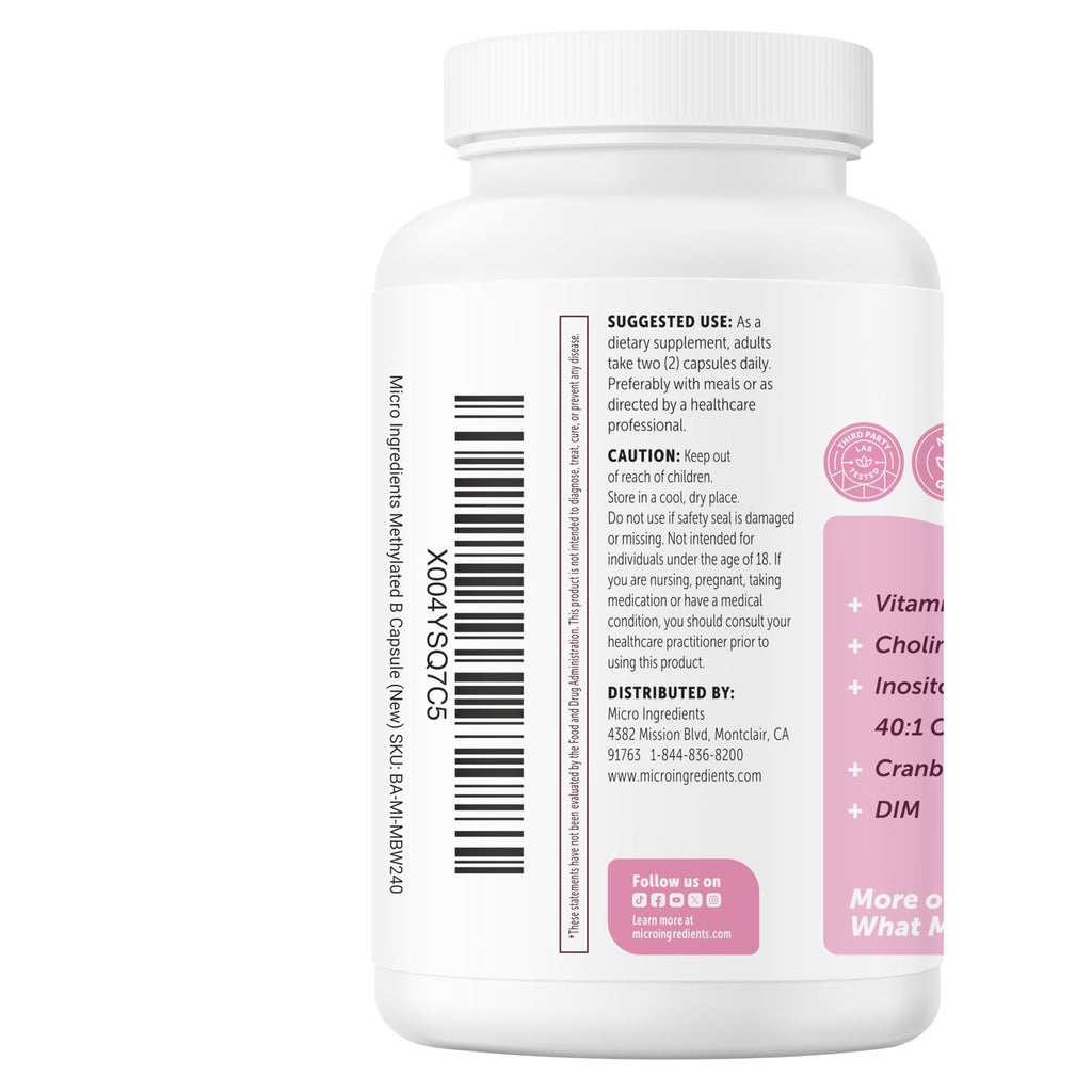 Micro Ingredients Methylated B Complex for Women, 240 Vegetarian Capsules | Activated B Vitamins with Methylfolate, Methyl B12, DIM & Inositol Complex | 14-in-1 Bioactive B Vitamin Formula