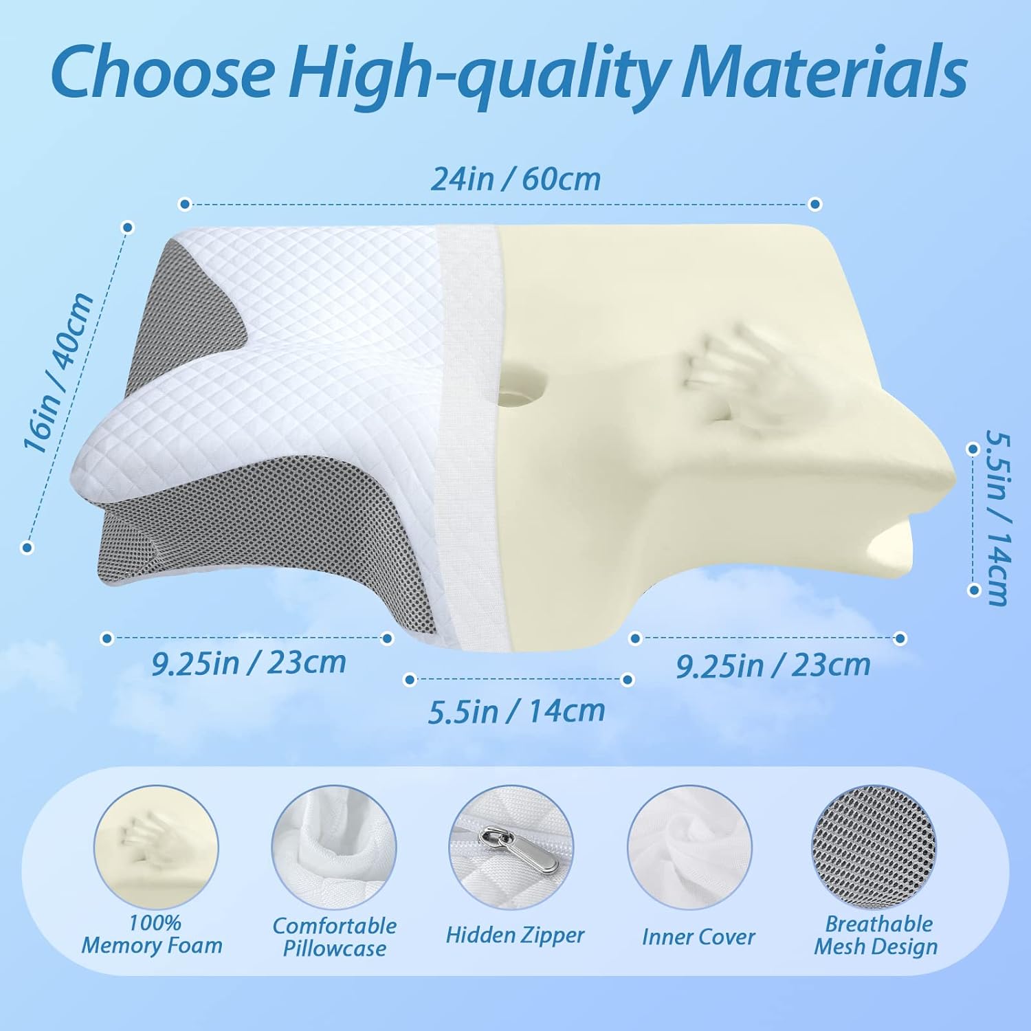 Buy now HOMCA Memory Foam Cervical Pillow, 2 in 1 Ergonomic Contour Orthopedic Pillow for Neck Pain, Contoured Support Pillows for Side Back Stomach Sleepers at indiglob india