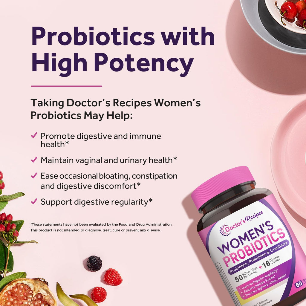 Doctor's Recipes Women's Probiotic, 60 Caps 50 Billion CFU 16 Strains, with Organic Cranberry, Digestive Immune Vaginal & Urinary Health, Shelf Stable, Delayed Release, No Soy Gluten Dairy