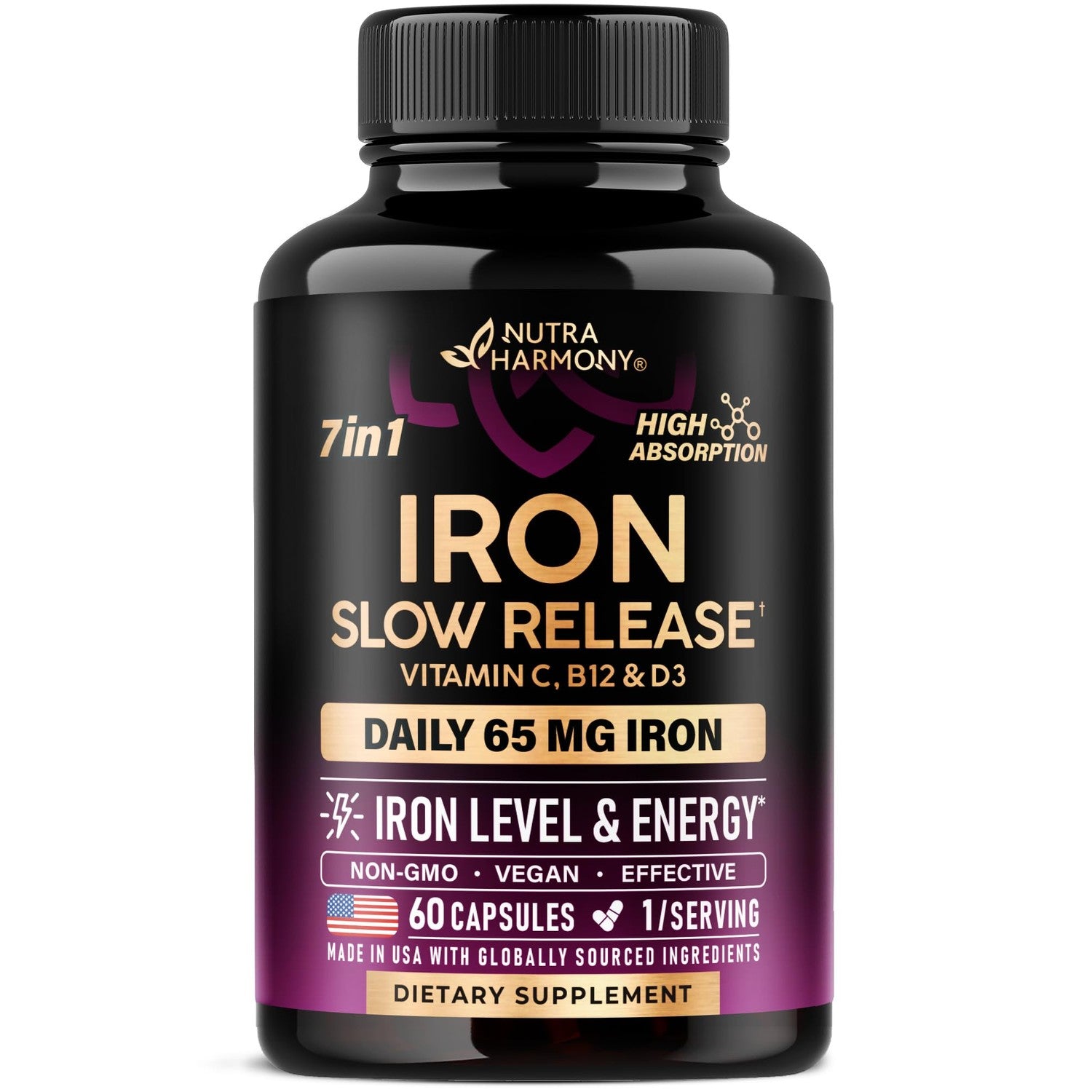 Iron Supplement for Women - Iron 65mg (Ferrous Sulfate 325mg) - 60 Caps | Iron Level & Energy Support - Vitamins C, D3, B6, B12 & Folate - Stomach Friendly, Slow Release, Bioavailable - 60-Day Supply