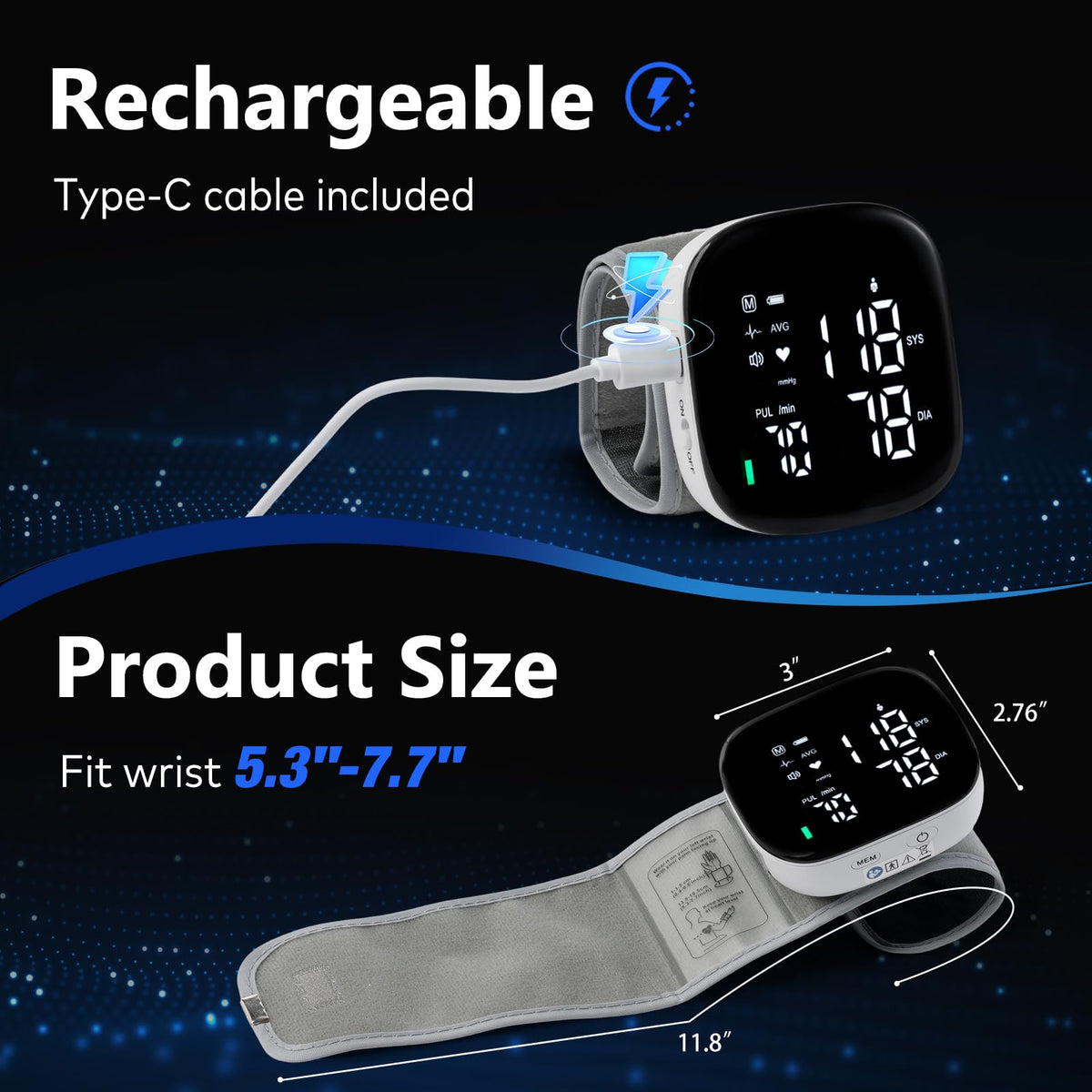 iHome Wrist Blood Pressure Monitor Rechargeable Digital Voice Broadcast LED Backlit BP Machine 199 Memory Storage for 2 Users with Carrying Case for Home Use