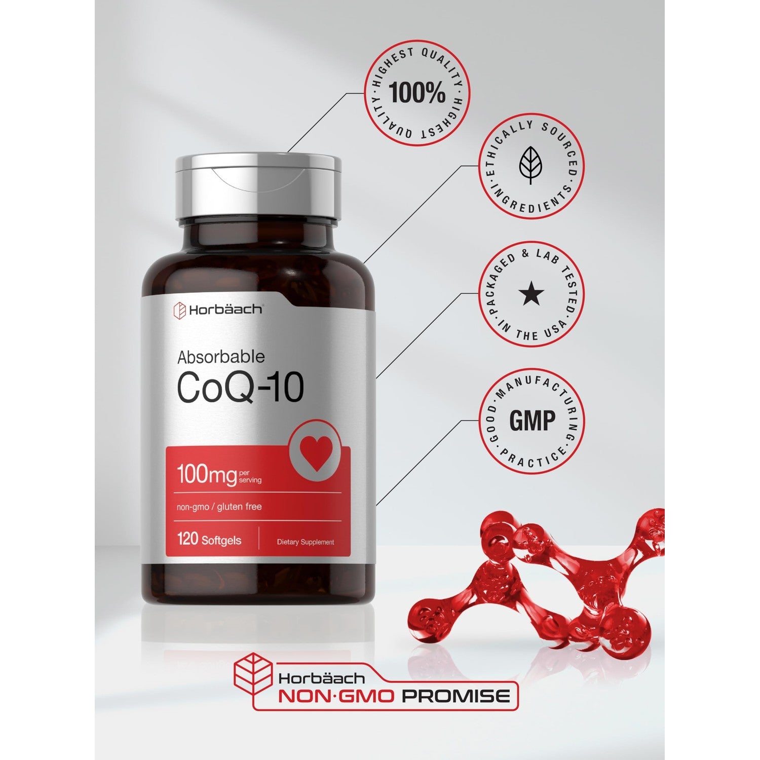 Horbäach CoQ10 100mg Softgels | 120 Count | Non-GMO and Gluten Free Supplement