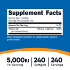 Nutricost Vitamin D3 5,000 IU (125mcg), 240 Softgels, GMO-Free | Gluten Free Vitamin D