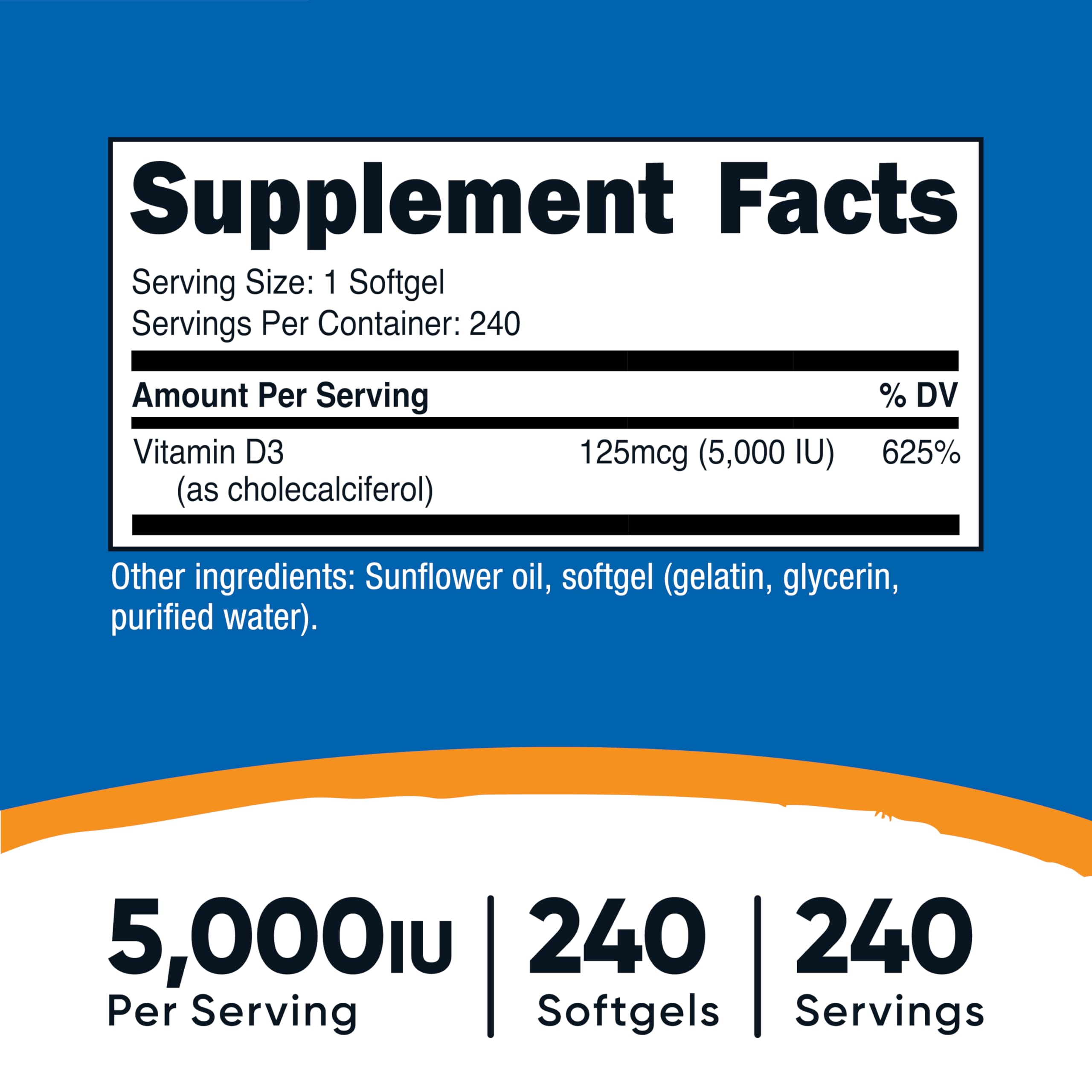 Nutricost Vitamin D3 5,000 IU (125mcg), 240 Softgels, GMO-Free | Gluten Free Vitamin D