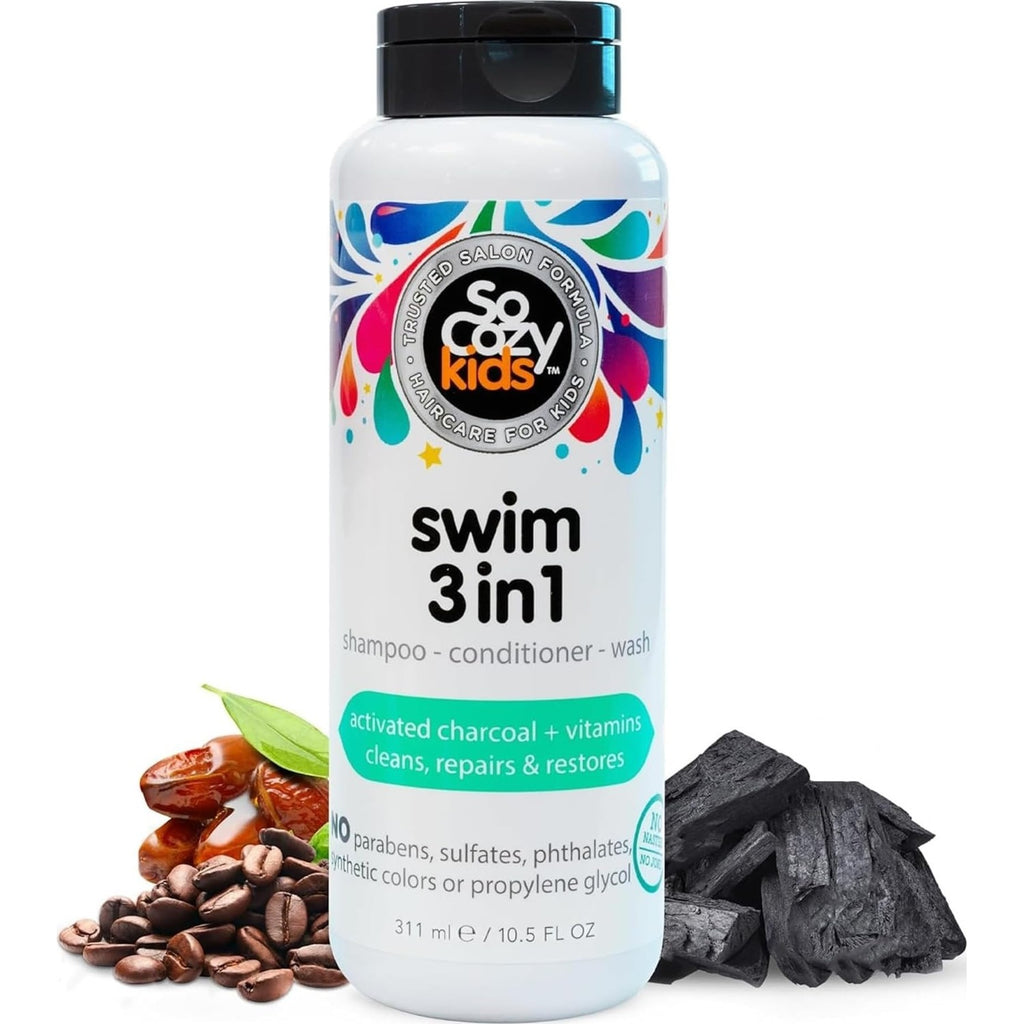 SoCozy Swim Leave In Conditioner Spray & Treatment for Kids Hair (8 Fl Oz) Protects & Repairs Pool, Sun & Salt Damaged Hair, Gentle Formula with Activated Charcoal, Vitamin B5 & Sunflower Seed Extract