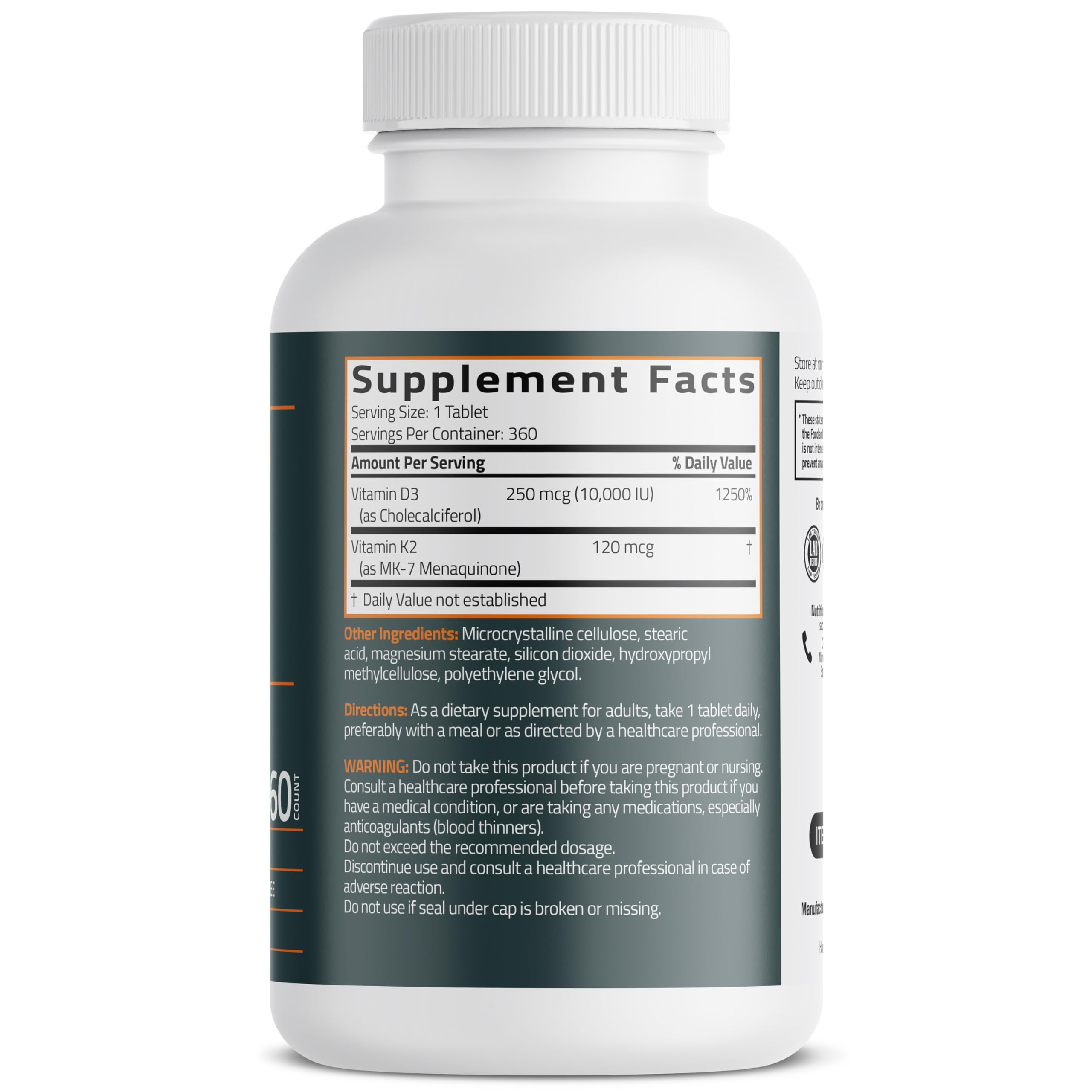 Bronson Vitamin K2 MK-7 + D3 10,000 IU Extra Strength, 360 Tablets | 120 mcg Vitamin K2 as MK-7 per Tablet, Bone Health Support, Non-GMO, Gluten-Free & Soy-Free