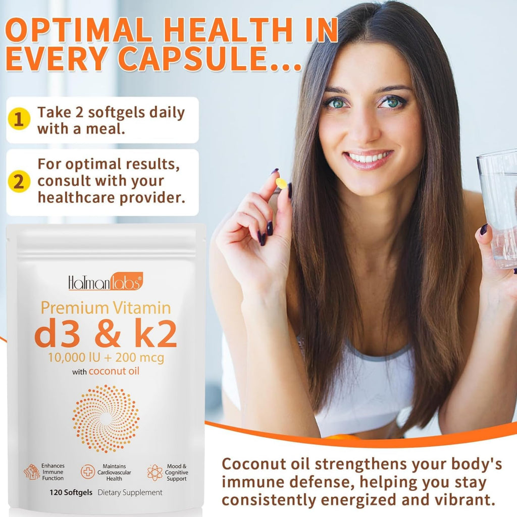 Vitamin D3 K2 Supplement Softgel, Vitamin D3 K2 Softgel with 10000 IU Supports Immune, Heart, Teeth & Bone Health, Free of GMO, Gluten, Soy, 120 Softgels