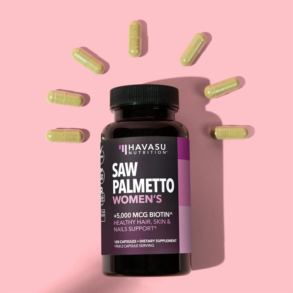 Saw Palmetto for Women with Bitoin 5000mcg Per Serving, 60-Day Supply | Vegan, Non-GMO DHT Blocker for Women for Hair, Skin and Nails, Saw Palmetto Extract with Biotin for Thicker Looking Hair