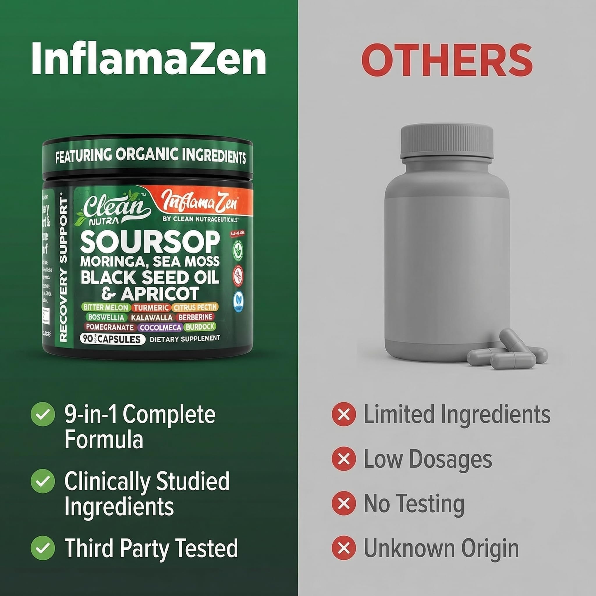 Clean Nutra Soursop Supplement Moringa Sea Moss Black Seed Oil Berberine Turmeric Resveratrol Quercetin Greens Bitters Boswellia Bitter Melon Burdock Root Antioxidant Support 90 Capsules