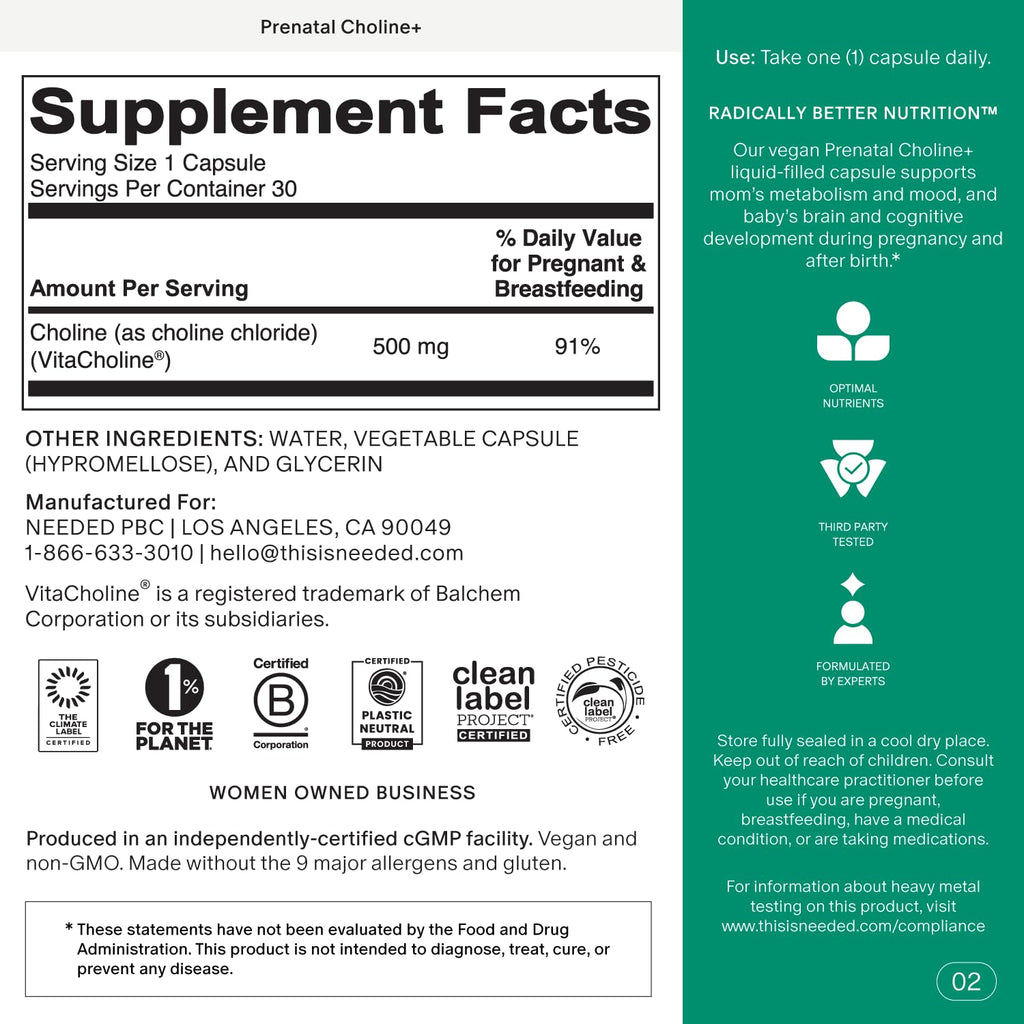 Needed. Prenatal Choline+ for Cognitive Development, 30 Liquid Capsules | Choline Supplements For Pregnancy, Aids Baby Brain Development & Supports Healthy Pregnancy, Third Party Tested