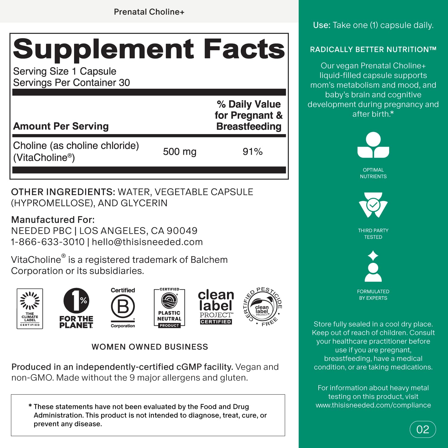 Needed. Prenatal Choline+ for Cognitive Development, 30 Liquid Capsules | Choline Supplements For Pregnancy, Aids Baby Brain Development & Supports Healthy Pregnancy, Third Party Tested