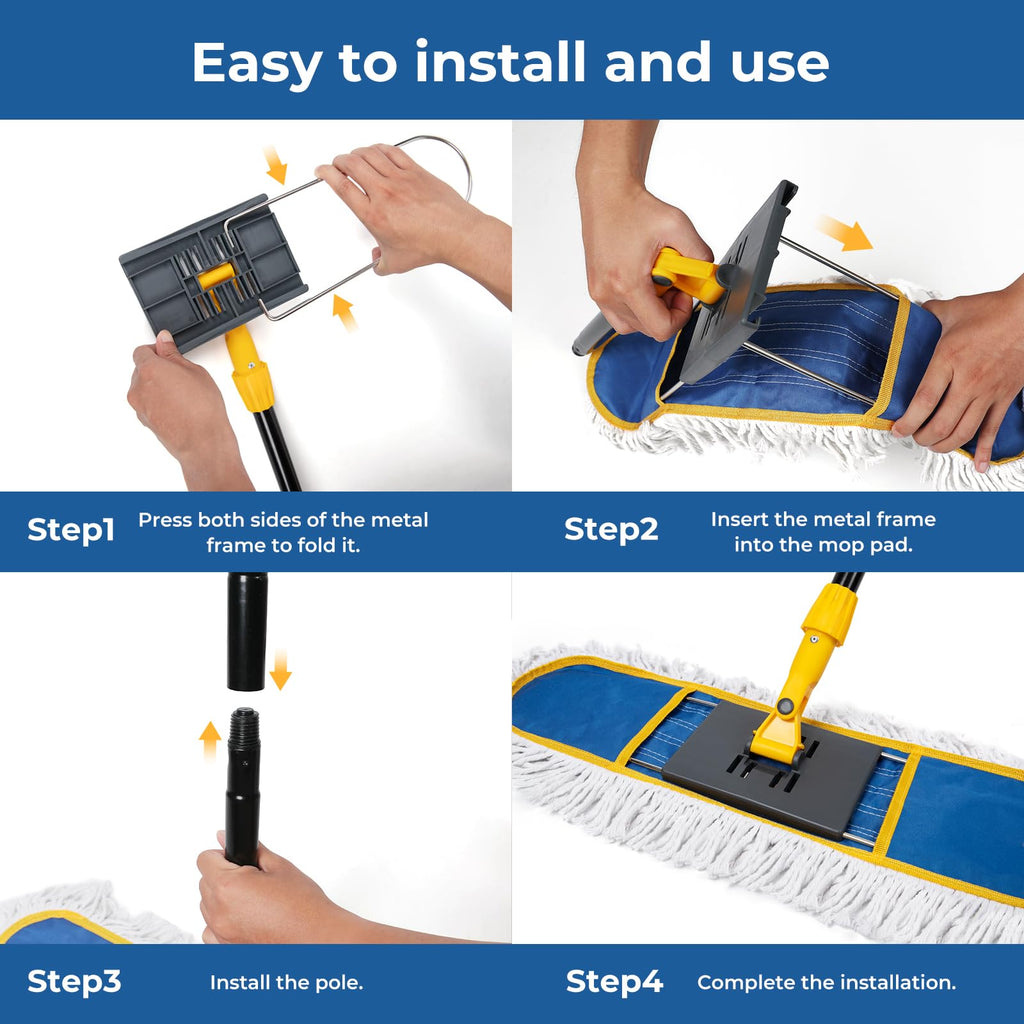 24”Dust Mop for Floor Cleaning, Heavy Duty Sweeper Broom Catches Dust, Pet Hair, and Debris, Washable 2 Cotton Mop Pads, Floor Duster for Hardwood, Tile, Laminate, and LVP Flooring