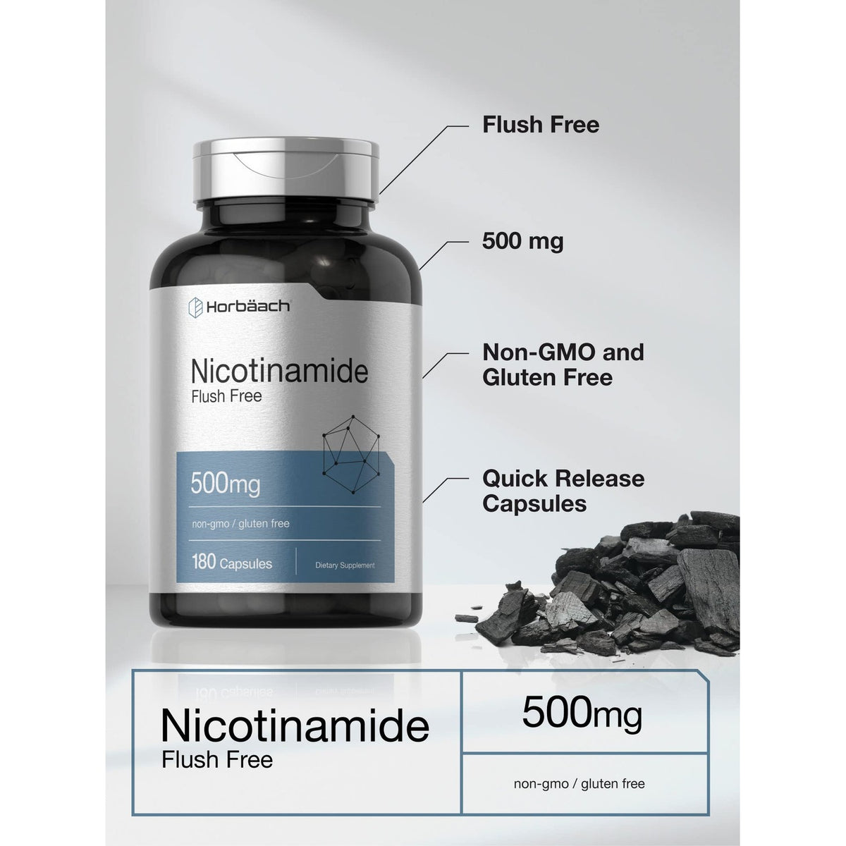 Horbäach Nicotinamide 500mg | 180 Capsules | Flush Free Dietary Supplement