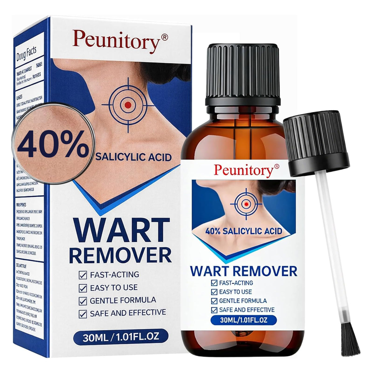 Peunitory 40% Salicylic Acid Wart Remover Liquid, Fast-Acting Wart Remover for Common & Plantar Warts, Maximum Strength Salicylic Acid Wart Remover for Hands, Feet, Neck & Body, 1.01 fl oz