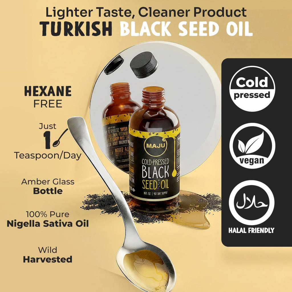 MAJU's Black Seed Oil 16oz: 2X Thymoquinone, Cold Pressed Turkish Black Cumin Nigella Sativa Seed Oil (Better Than Organic), Non-GMO, 100% Liquid Pure Blackseed, Glass Bottle