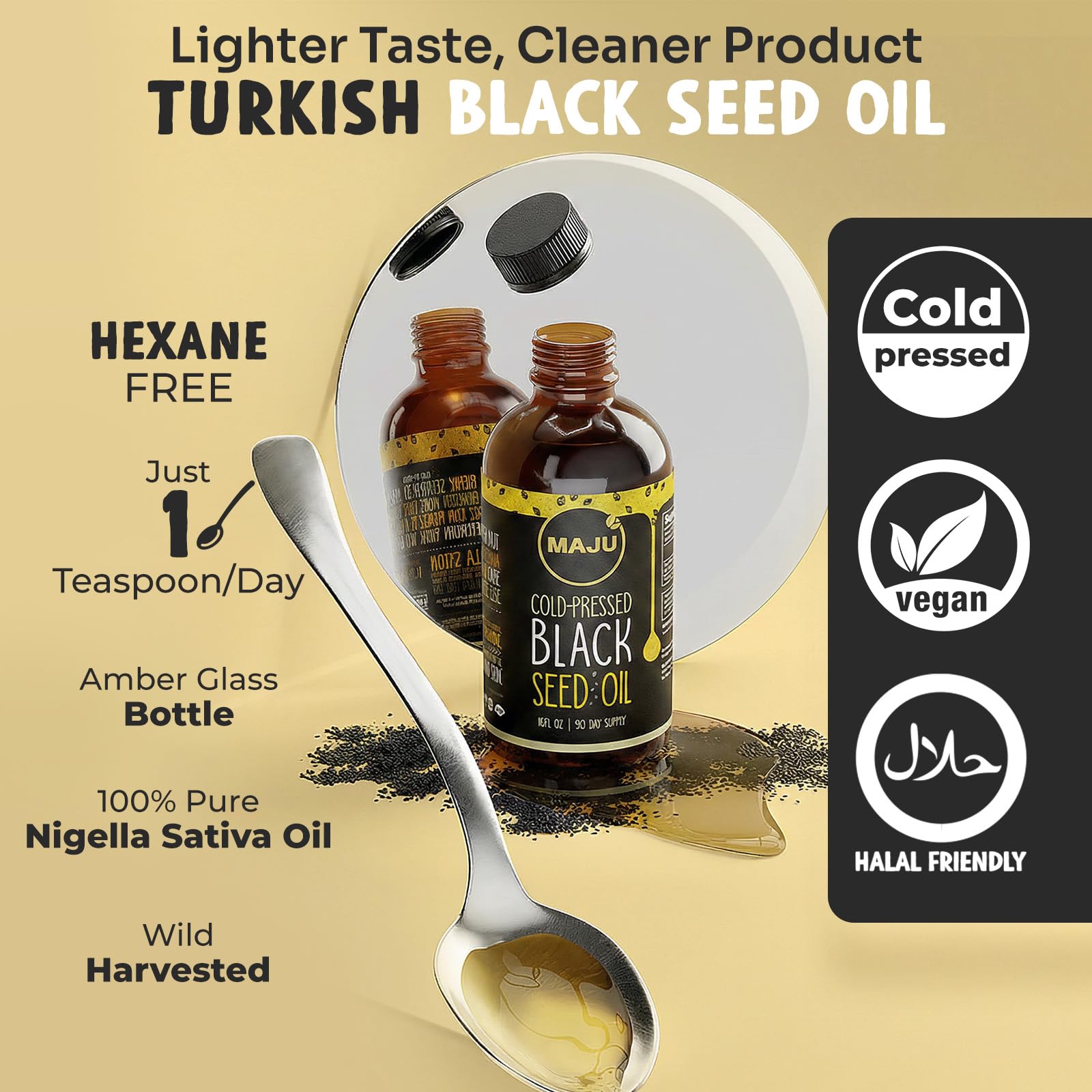 MAJU's Black Seed Oil 16oz: 2X Thymoquinone, Cold Pressed Turkish Black Cumin Nigella Sativa Seed Oil (Better Than Organic), Non-GMO, 100% Liquid Pure Blackseed, Glass Bottle
