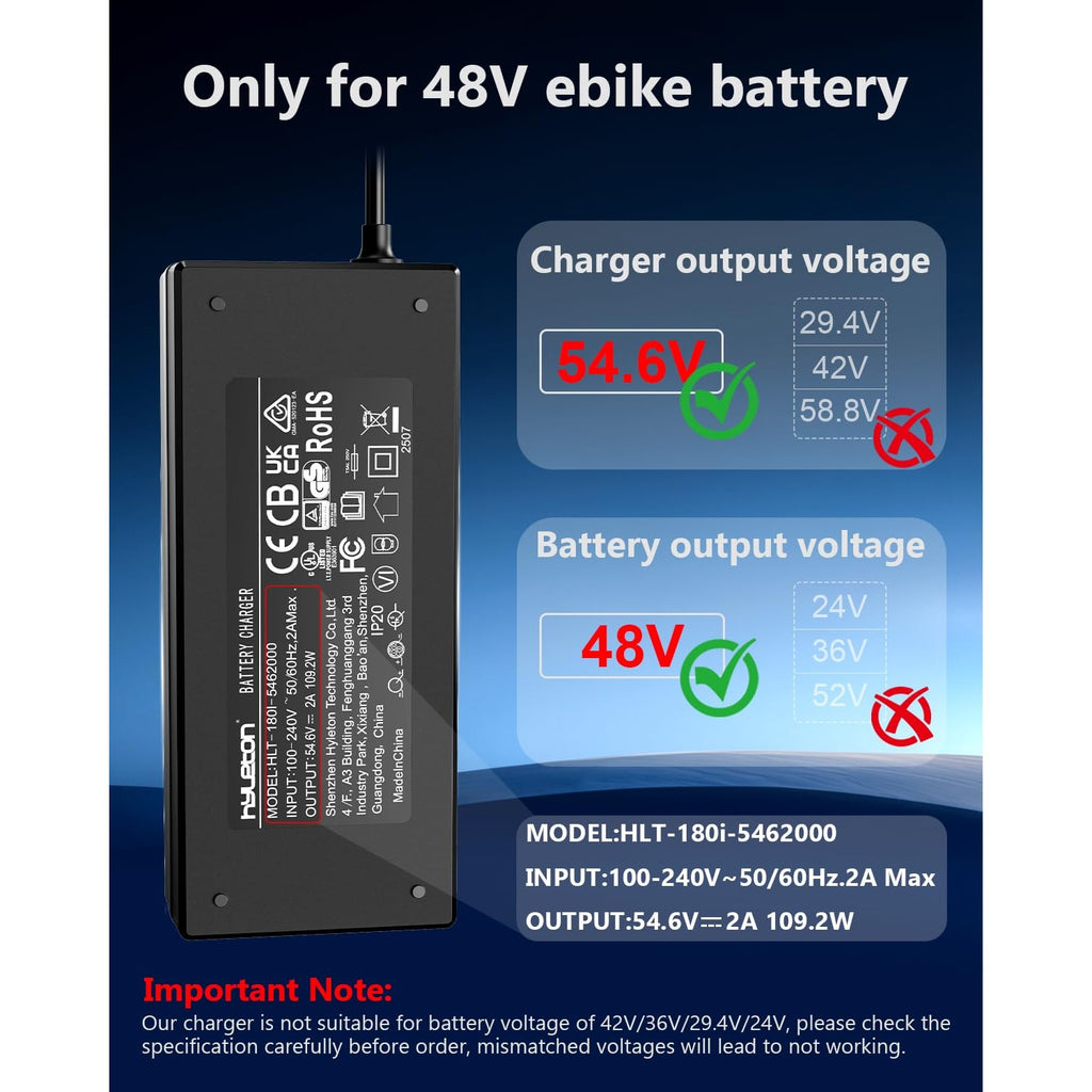 48V Lithium Battery Charger – UL Listed 54.6V 2A Electric Bike Fast Charger