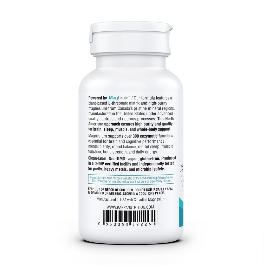 Kappa Nutrition Powered by Magbrain™ Magnesium L-Threonate Plant-Based, 420mg Elemental Magnesium (3 Capsules) from 2,253mg, 120 Vegan Capsules, Brain, Sleep & Muscle Support.