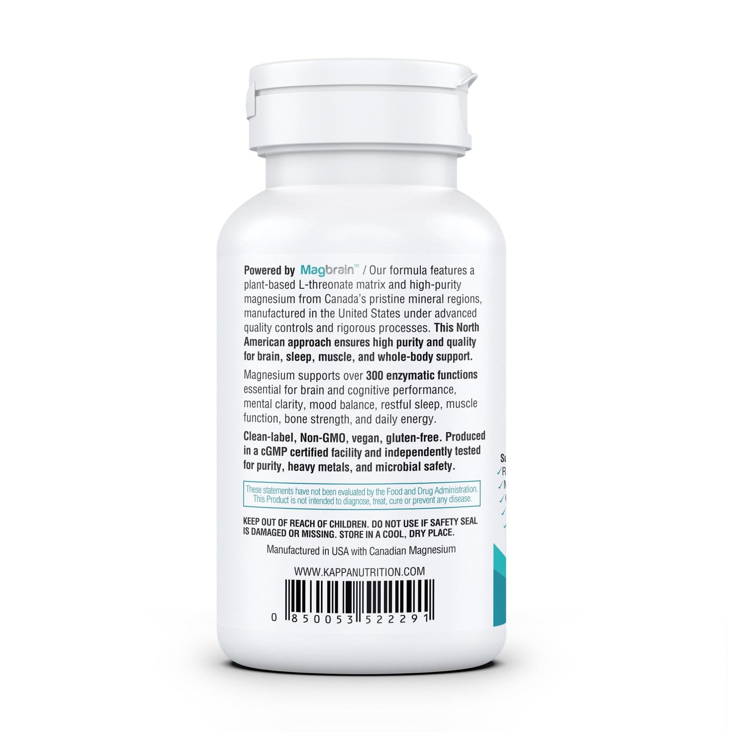 Kappa Nutrition Powered by Magbrain™ Magnesium L-Threonate Plant-Based, 420mg Elemental Magnesium (3 Capsules) from 2,253mg, 120 Vegan Capsules, Brain, Sleep & Muscle Support.