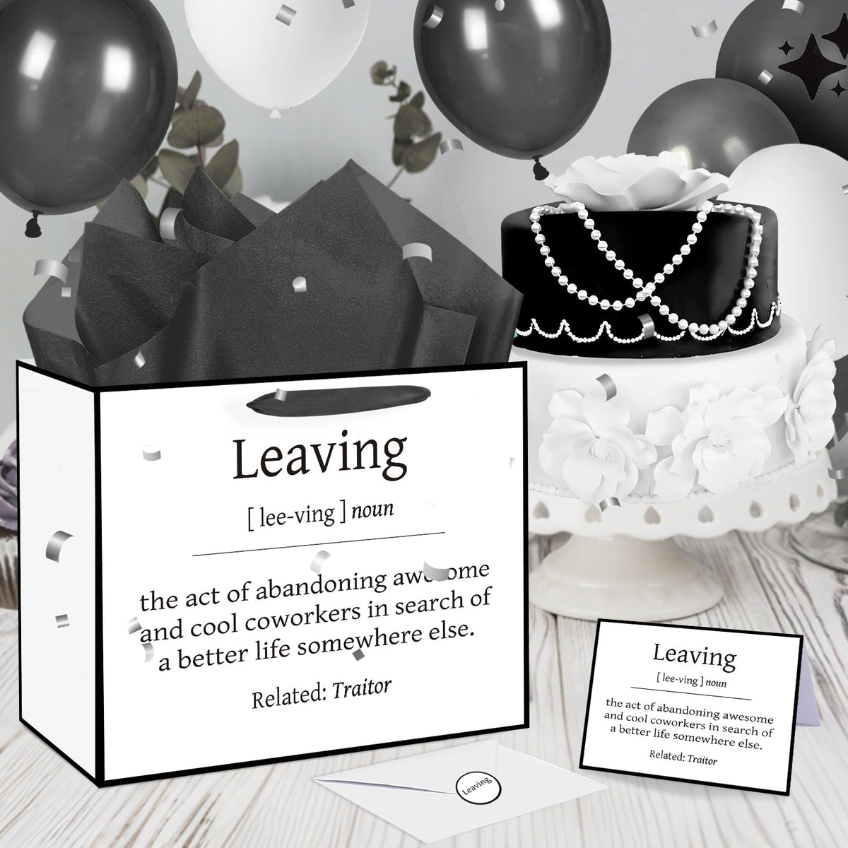 Funny Going Away Gift Bag Black White Farewell Goodbye Christmas Gift Bag with Wrapping Paper Card Sticker Envelope for Coworkers Leaving Gifts Retirement Good Luck We Will Miss You Presents Favors