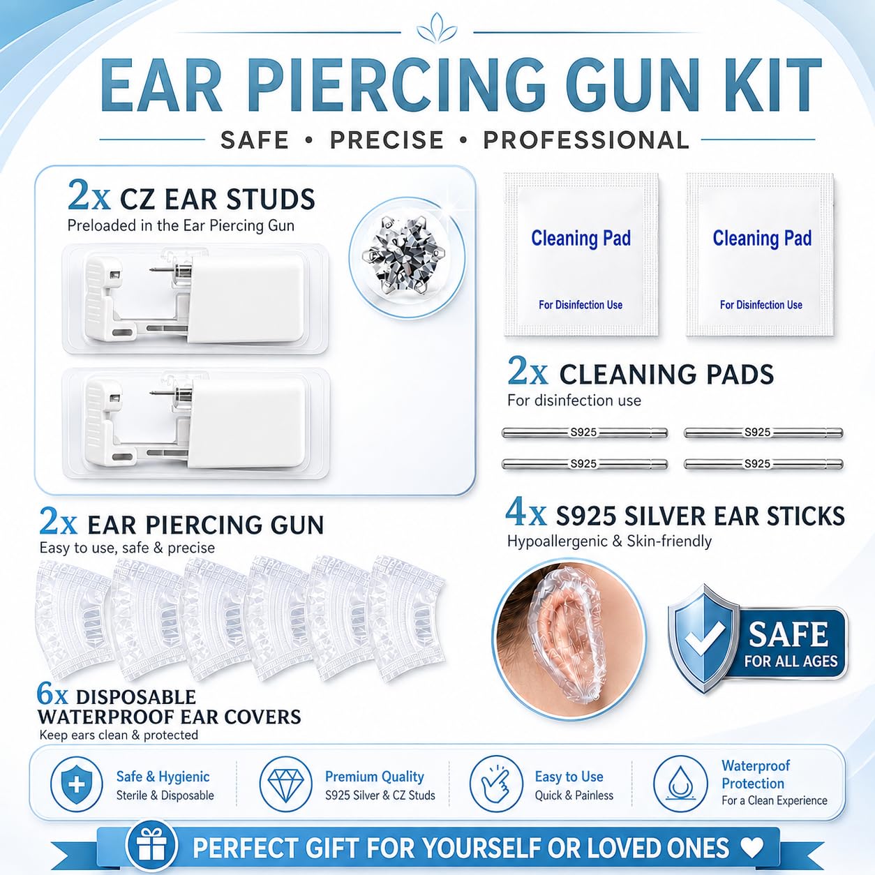 Anzero Ear Piercing Kit, Disposable Ear Piercing Gun with 5MM CZ Studs | Sterile Packed, 316L CZ Studs, Painless Quick Piercing, Easy and Safe, Home Self-Use, Suitable for Women, Men and Girls