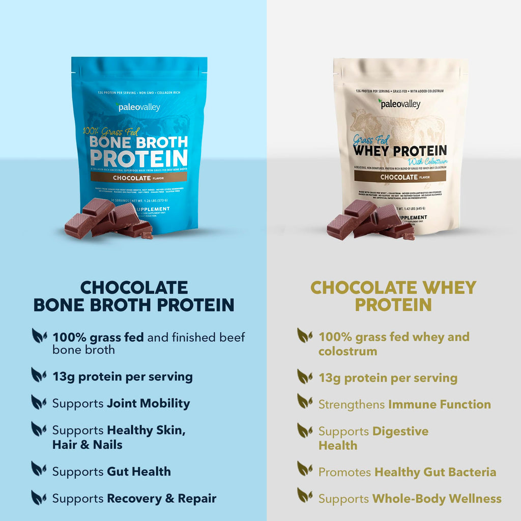 Paleovalley 100% Grass Fed Bone Broth Protein Powder, Chocolate | Collagen Rich, Digestive and Gut Health Support, Joint Support Hair, Skin and Nail Support, 13g Protein