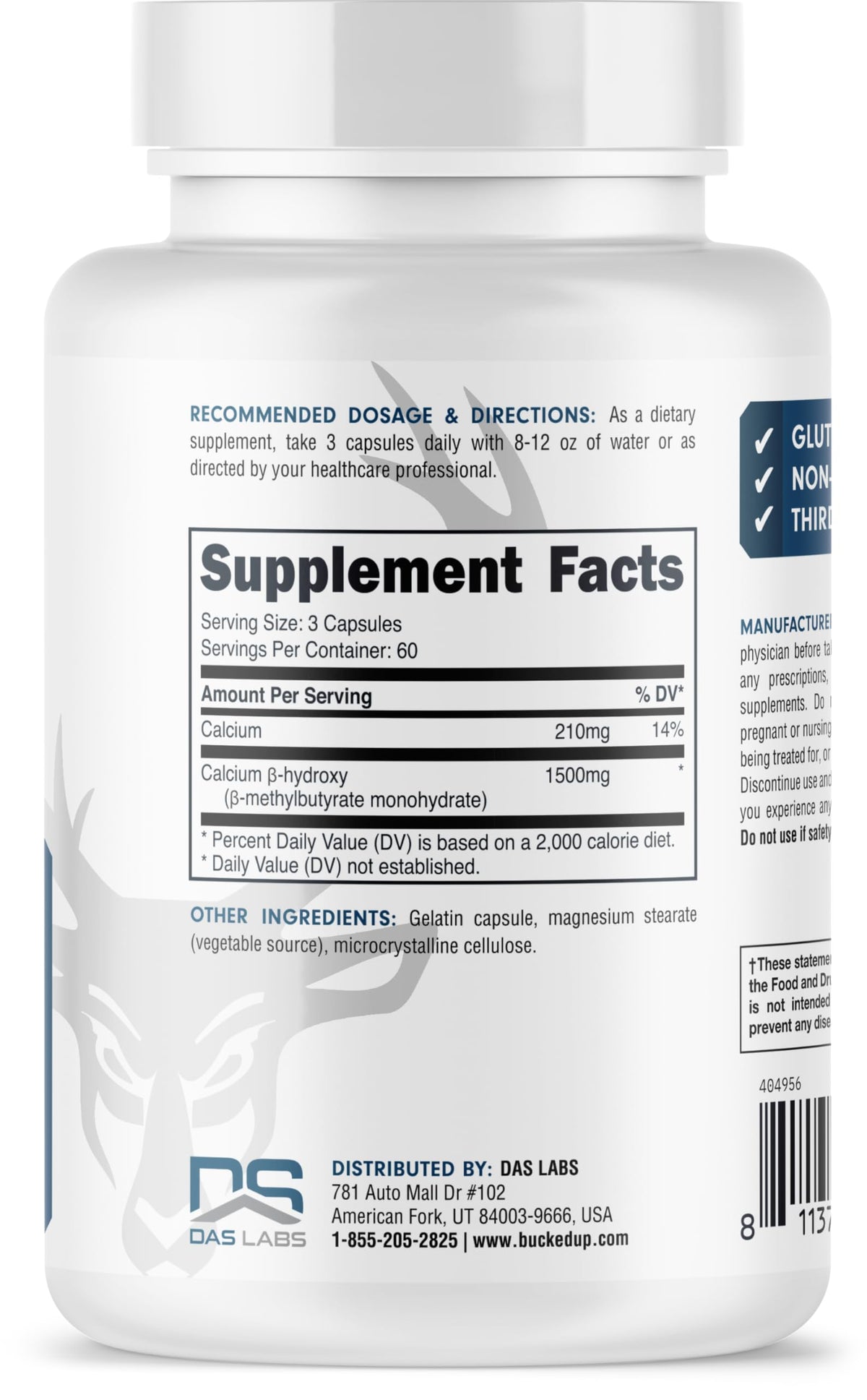 Bucked Up HMB (Beta-Hydroxy Beta-Methylbutyrate) 1500mg Per Serving, Essentials (60 Servings, 180 Capsules)