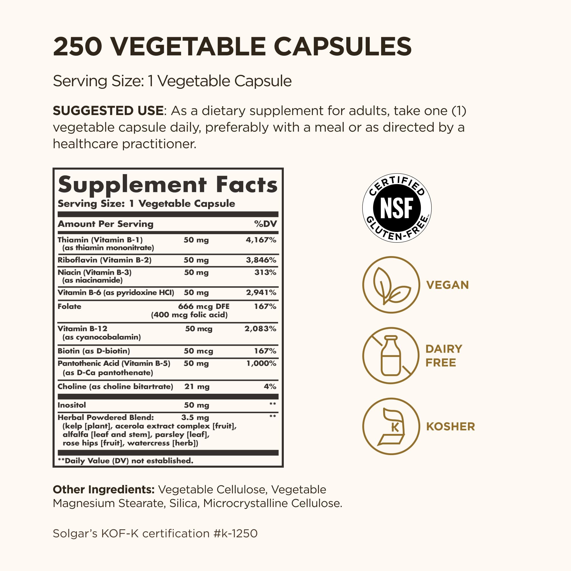 Solgar B-Complex 50", 250 Vegetable Capsules - Energy Metabolism | Cardiovascular Support, Nervous System Support - Non-GMO, Vegan, Gluten Free, Dairy Free, Kosher - 250 Servings