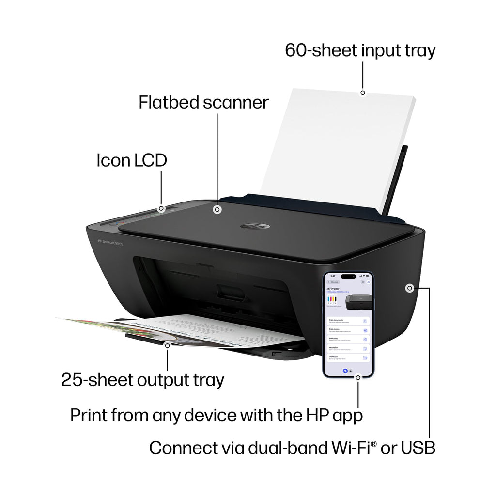 HP DeskJet 2955 Wireless All-in-One Color Inkjet Printer, Scanner, Copier, Best-for-Home, 3 Month Trial of Instant Ink Included, AI-Capable (A24HJA)