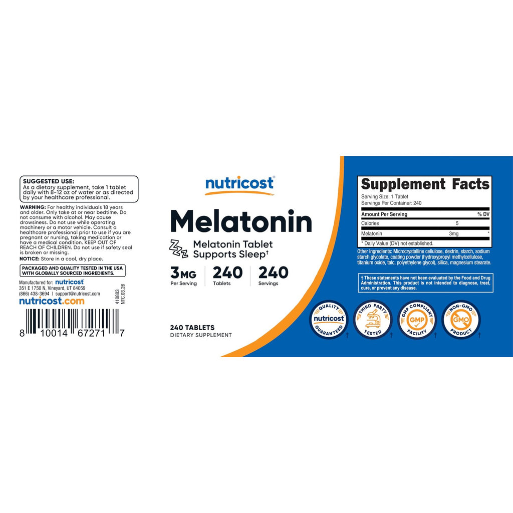 Nutricost Melatonin (3mg) 240 Tablets, GMO-Free & Gluten-Free