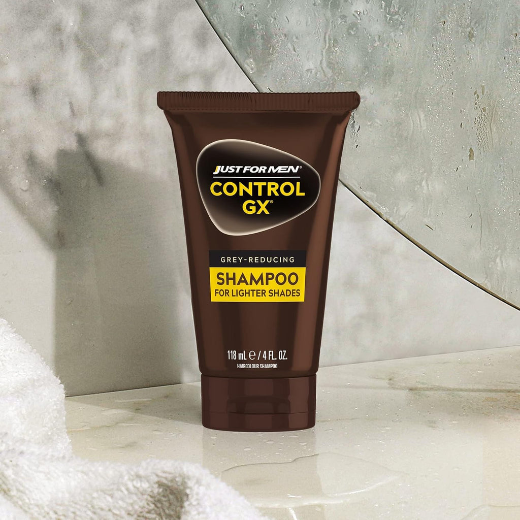 SHAMPOO JUST FOR MEN Control GX Gray Reducing, Light, 4 Fl Oz (1 Pack) | Control GX multi-patented formula gradually reduces gray with each shampoo for light shades. Keratin thickens hair.
