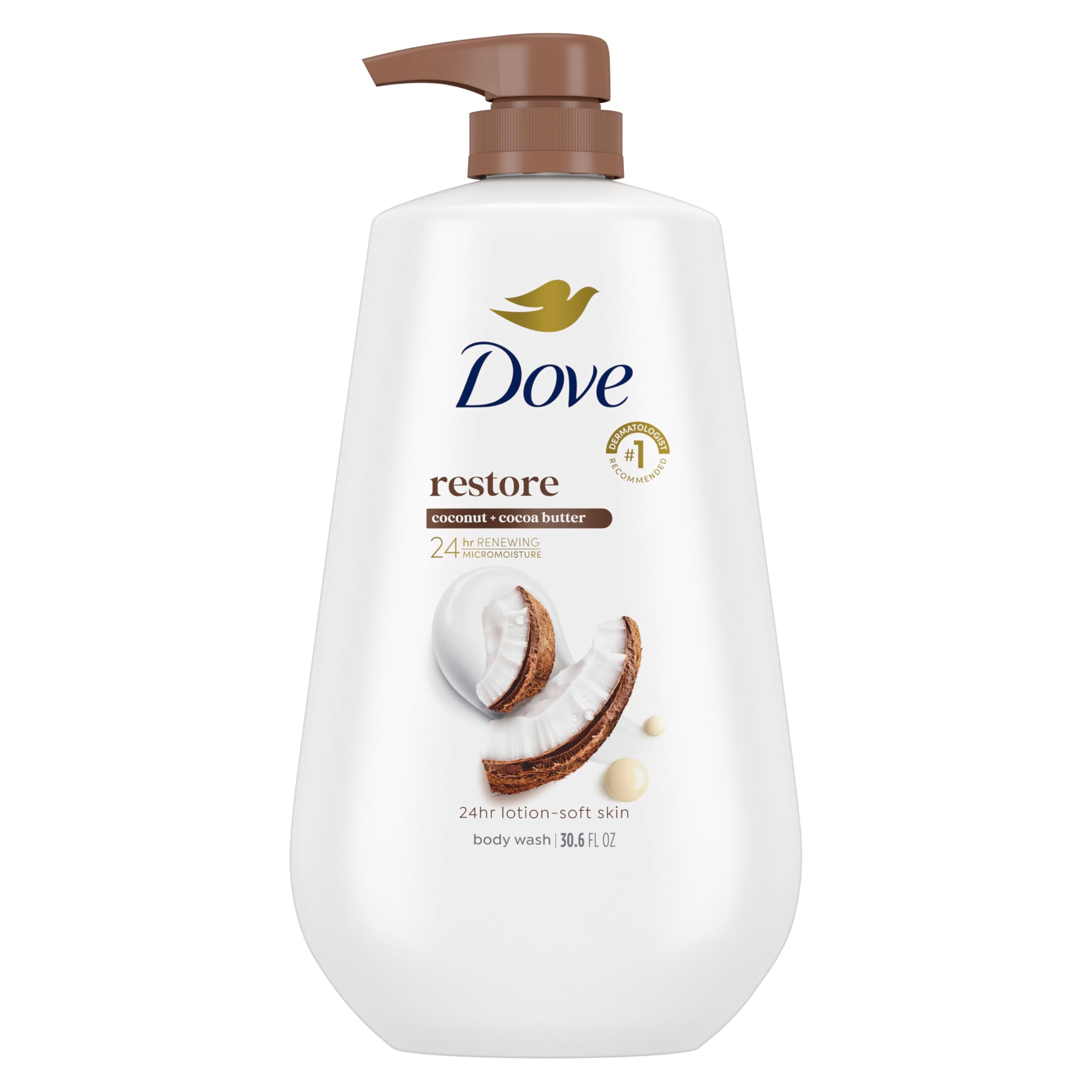 Dove Body Wash Restore Coconut & Cocoa Butter 30.6 oz Pump, Sulfate Free | Dove Coconut & Cocoa Butter Body Wash nourishes dry skin with creamy coconut scent and MicroMoisture technology.