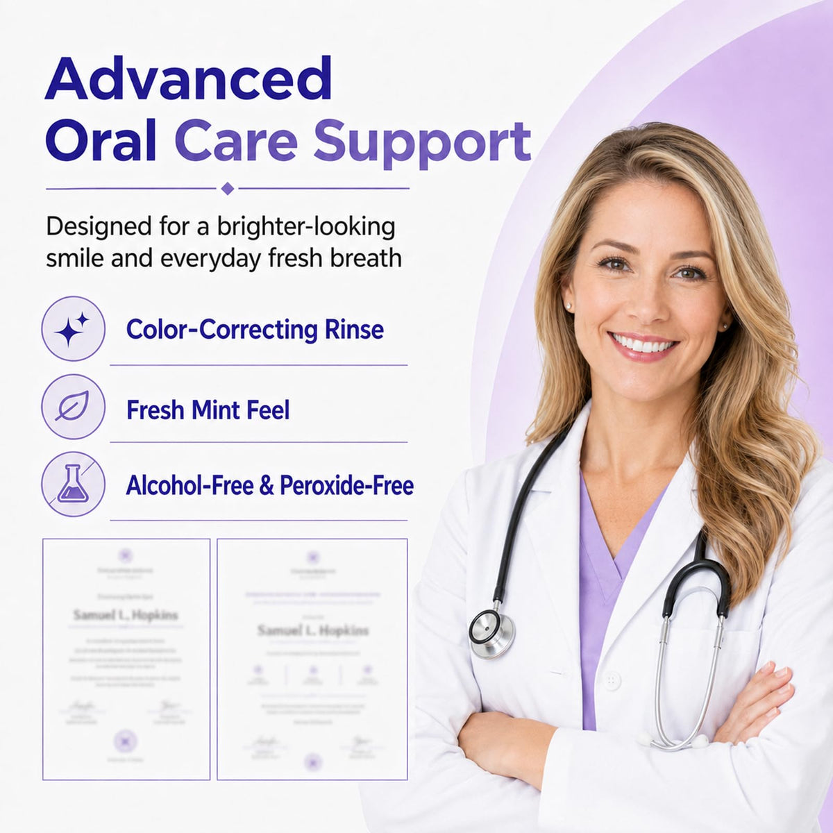 Purple Color Correcting Mouthwash Sachets, 20 Count Instant Optical Whitening Oral Rinse, Alcohol & Peroxide Free Mint Mouthwash for Fresh Breath & Smile Brightening Daily Oral Care