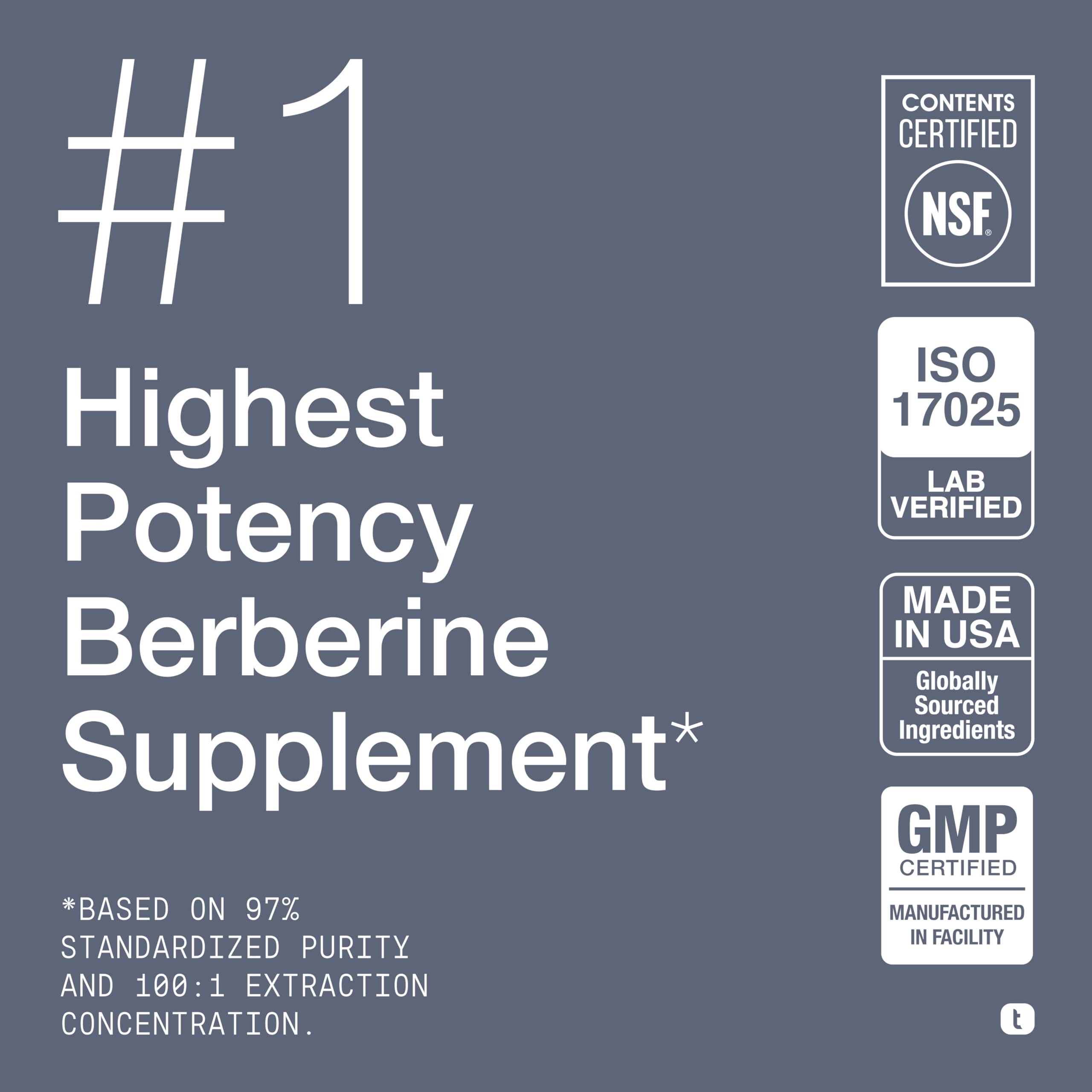 Toniiq NSF Certified Ultra High Strength Berberine HCl from The Himalayas | 100:1 Concentrated Extract - Lab-Tested 97% Berberine HCl - 90 Vegetarian Capsules, 500 mg per Capsule