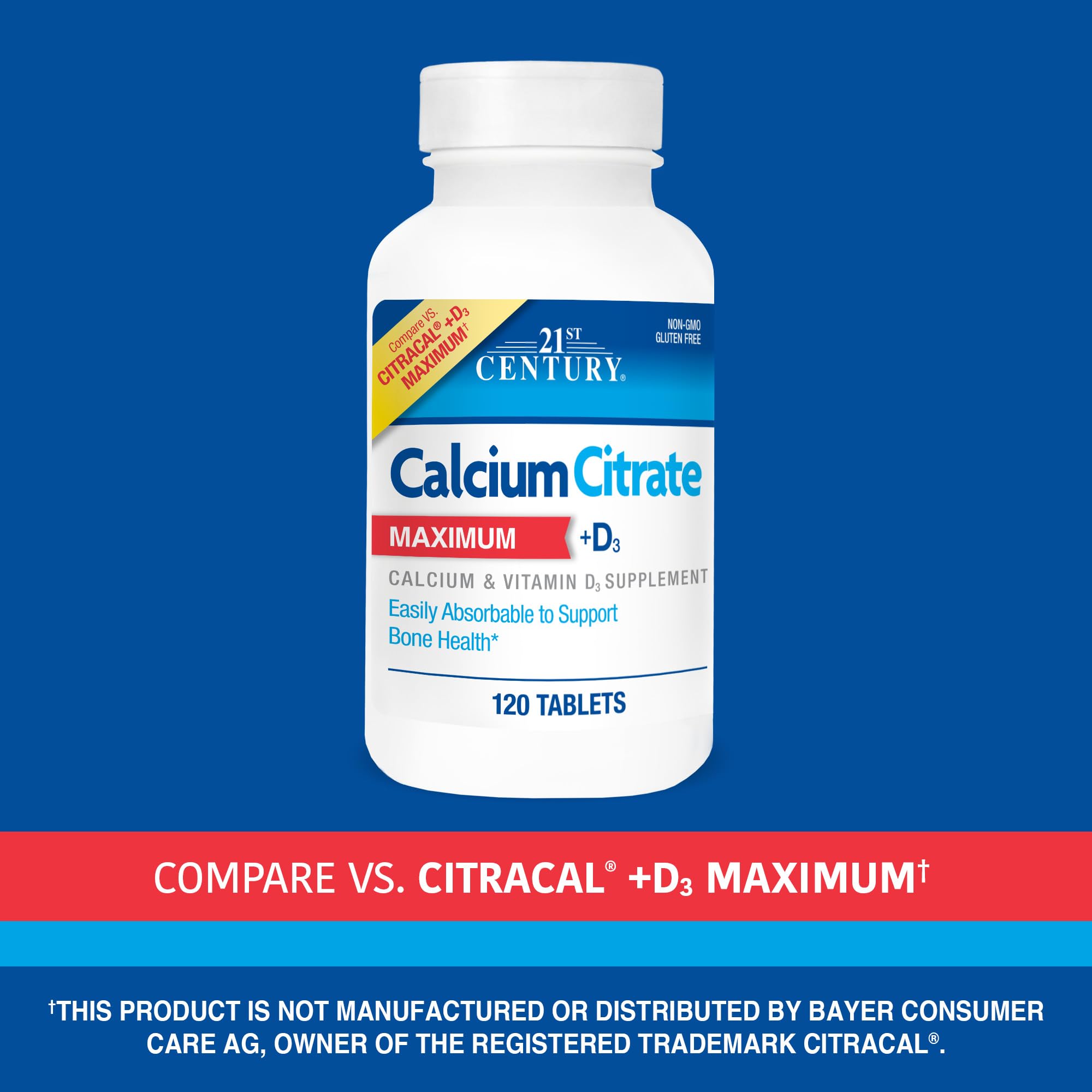 21st Century Calcium Citrate Plus D Maximum Caplets, 120 Count | Maximum-Strength Highly Absorbable Calcium Citrate with Vitamin D3, Compare VS. Citracal +D3 Maximum, Gluten Free