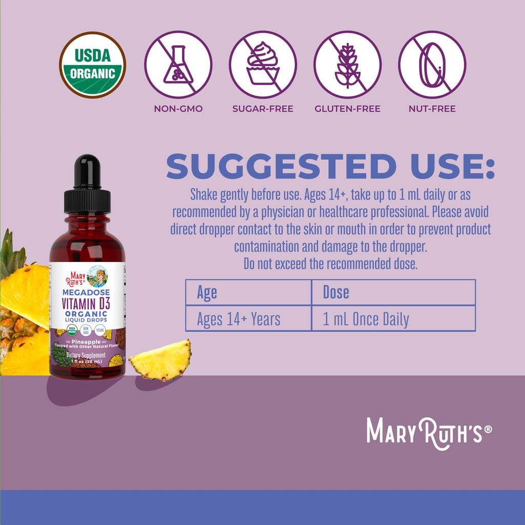 MARYRUTH'S Megadose Vitamin D3 Drops, Vitamin D 4000 IU, Vegan, 30 Servings | USDA Organic, Immune Support & Bone Health, Vegan, Gluten Free, Non-GMO