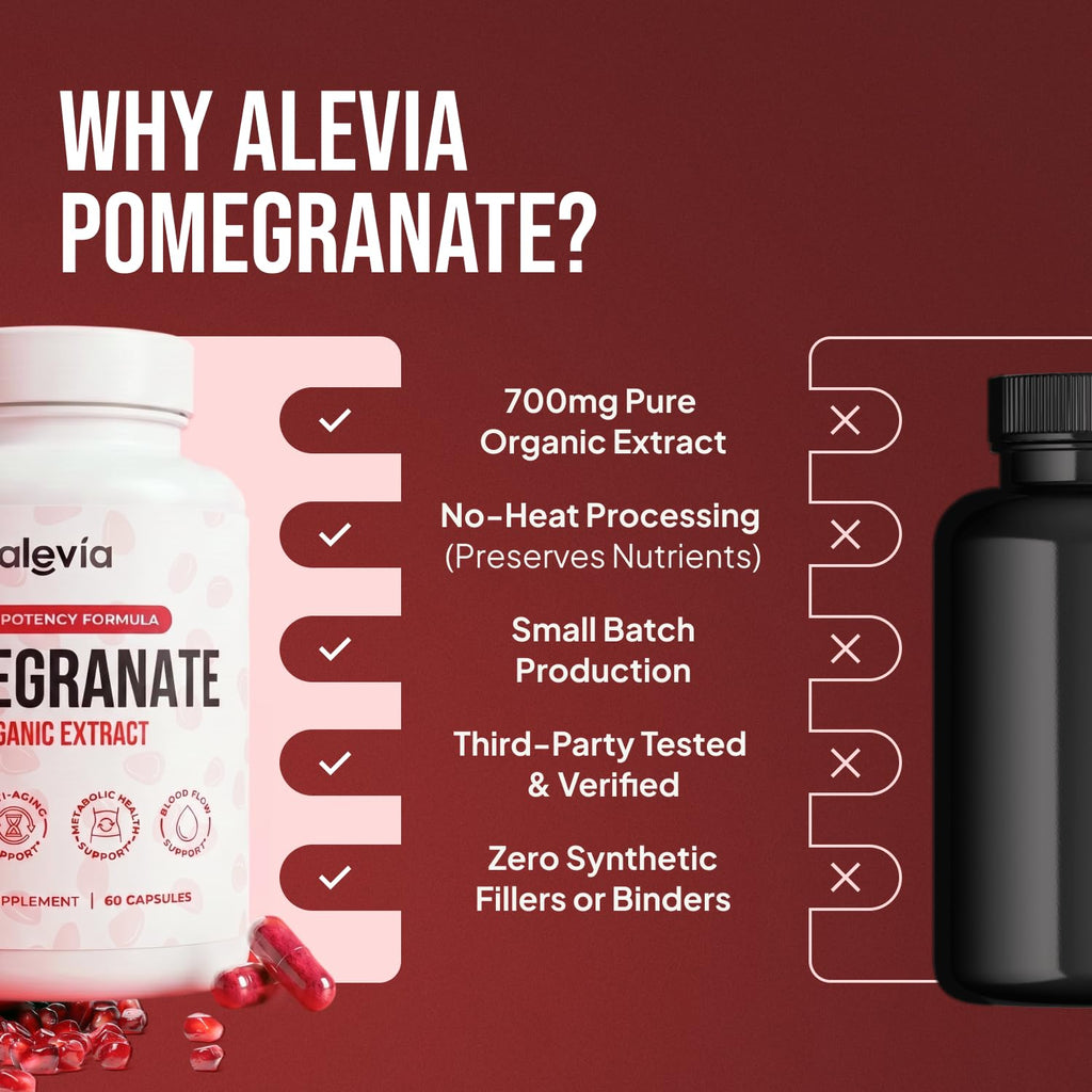 Alevia Organic Pomegranate Capsules 700mg – Pomegranate Fruit Extract Supplement – Organic Pomegranate Extract for Antioxidant, Heart & Energy Support – Ancient Wellness Formula – 60 Capsules