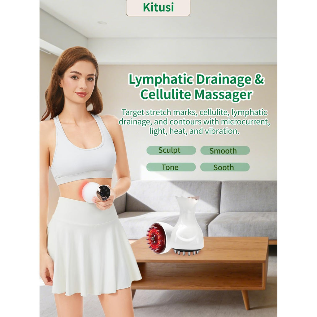 Lymphatic Drainage Massager & Anti Cellulite Massage Tool, for Legs, Arms & Belly, Body,Helps Reduce Stretch Marks & Cellulite,with SoothingPulse, Light Heat & Vibration (White)