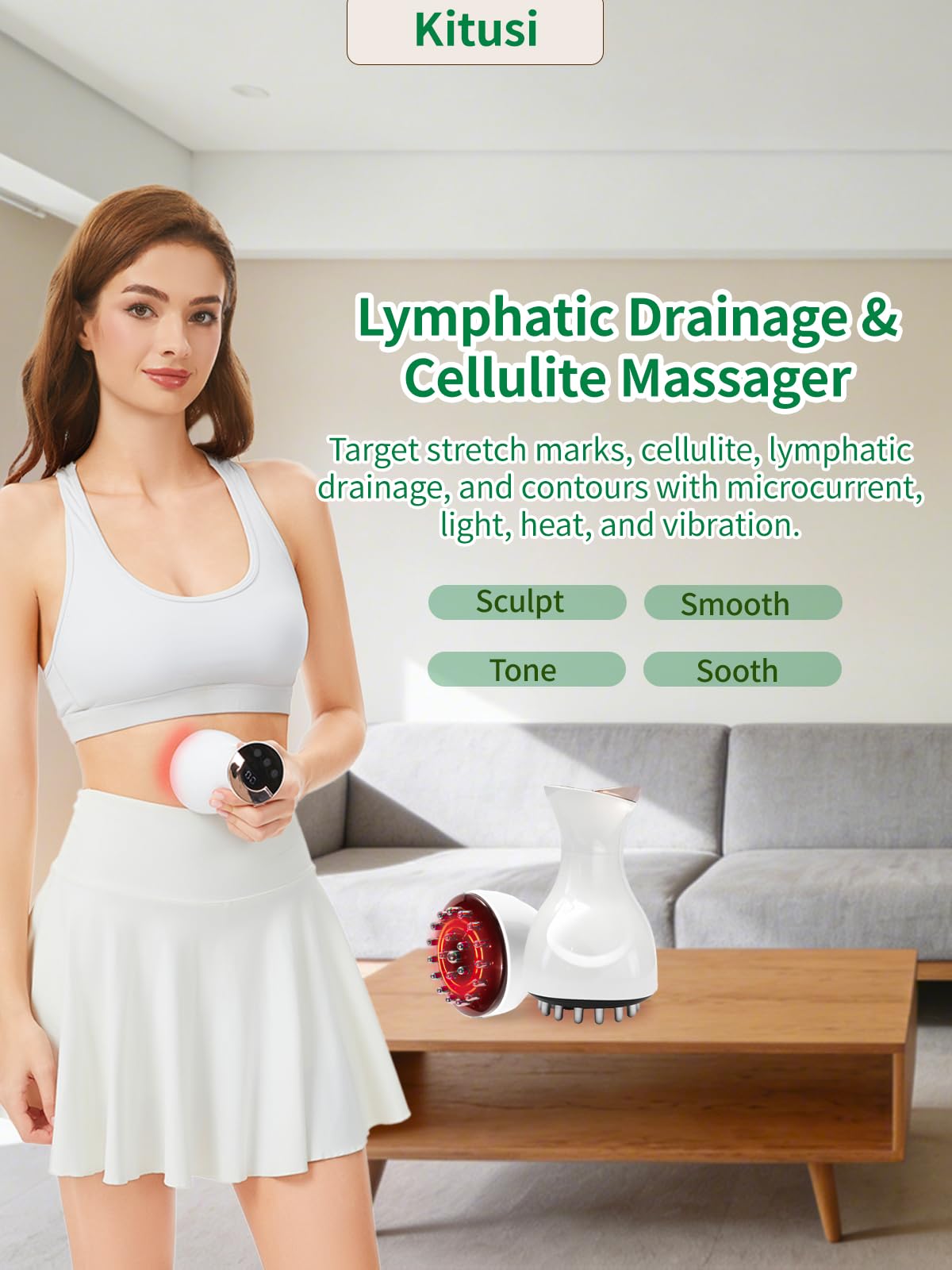 Lymphatic Drainage Massager & Anti Cellulite Massage Tool, for Legs, Arms & Belly, Body,Helps Reduce Stretch Marks & Cellulite,with SoothingPulse, Light Heat & Vibration (White)