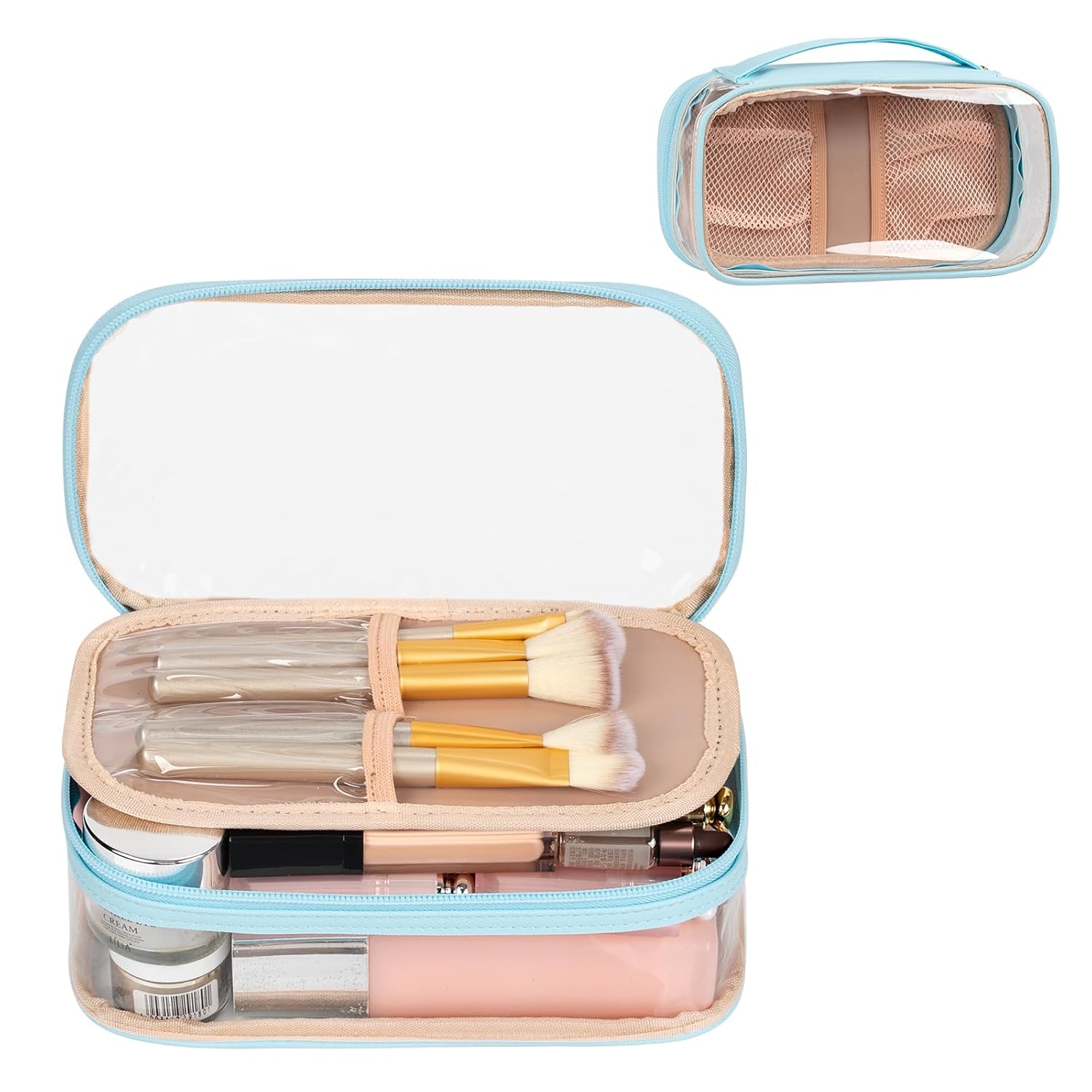 Buy now OCHEAL Makeup Bag, Double Layer Cosmetic Bag, Large Capacity New Look Clear Cosmetic Case for Women Travel Beauty Essentials, Multiple Compartments Makeup Case Organizer Zipper Pouch -Black Small Clear Lake Blue at indiglob india