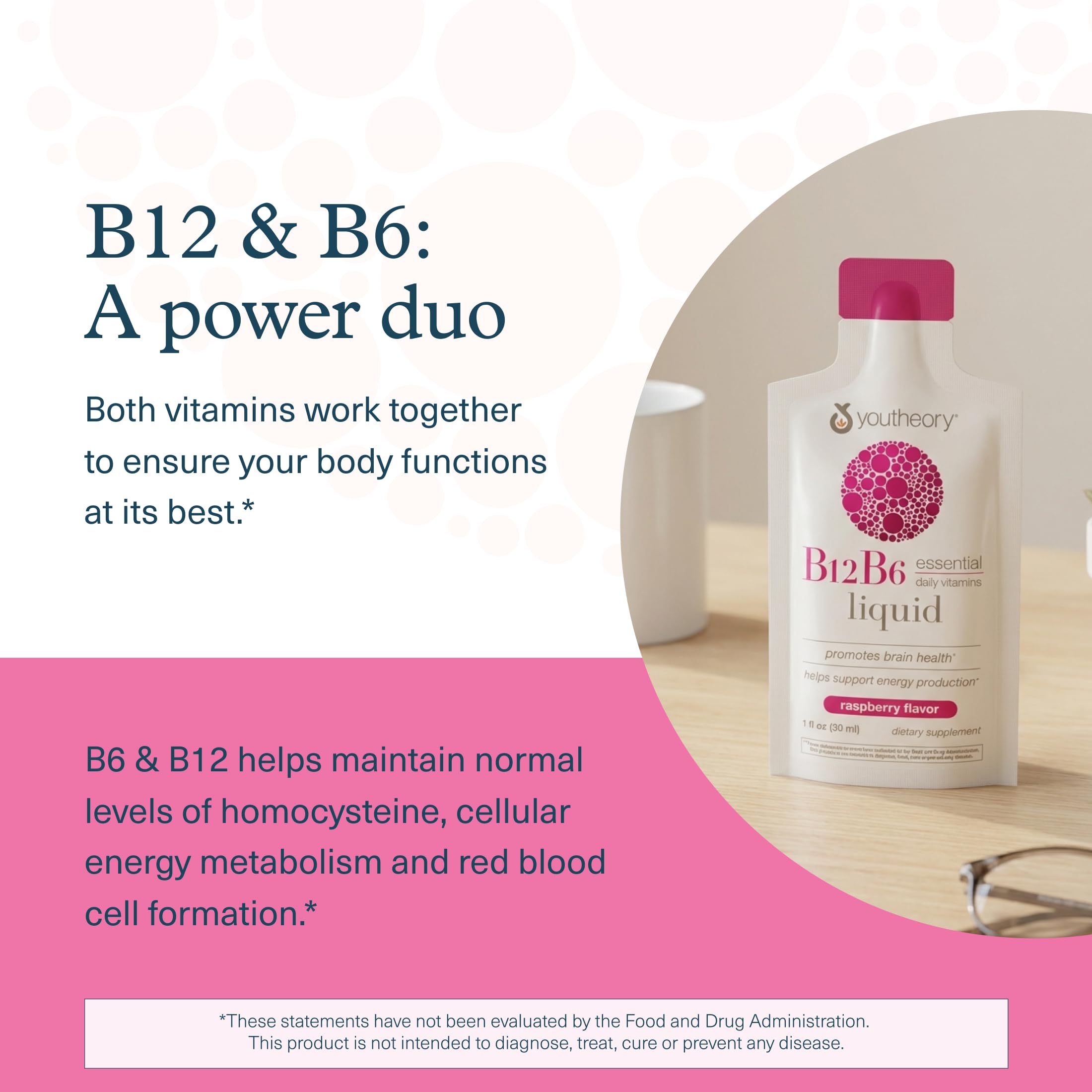 Youtheory B12B6 Liquid, Raspberry Flavor, 1oz Packet, 12 Count | Daily Energy and Brain Support*, Vitamin B12 and B6, Tasty Single-Serving Packs, Vegan, Dairy, Soy, and Gluten-Free