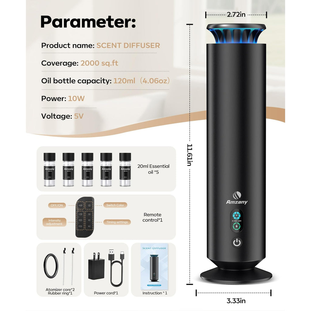 Waterless Scent Diffuser Kit,Scent Diffuser with 7 Lights and Breathing Lights Modes,Max Coverage 2000 sq.ft.Home,Offices,Hotels and Spas Aromatherapy Diffuser Included 5 Scent Oils Remote Control