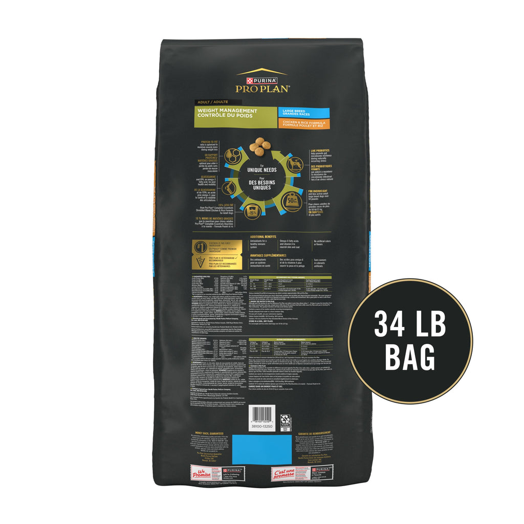 Purina Pro Plan Weight Management Large Breed Dog Food, Chicken, 34 lb Bag