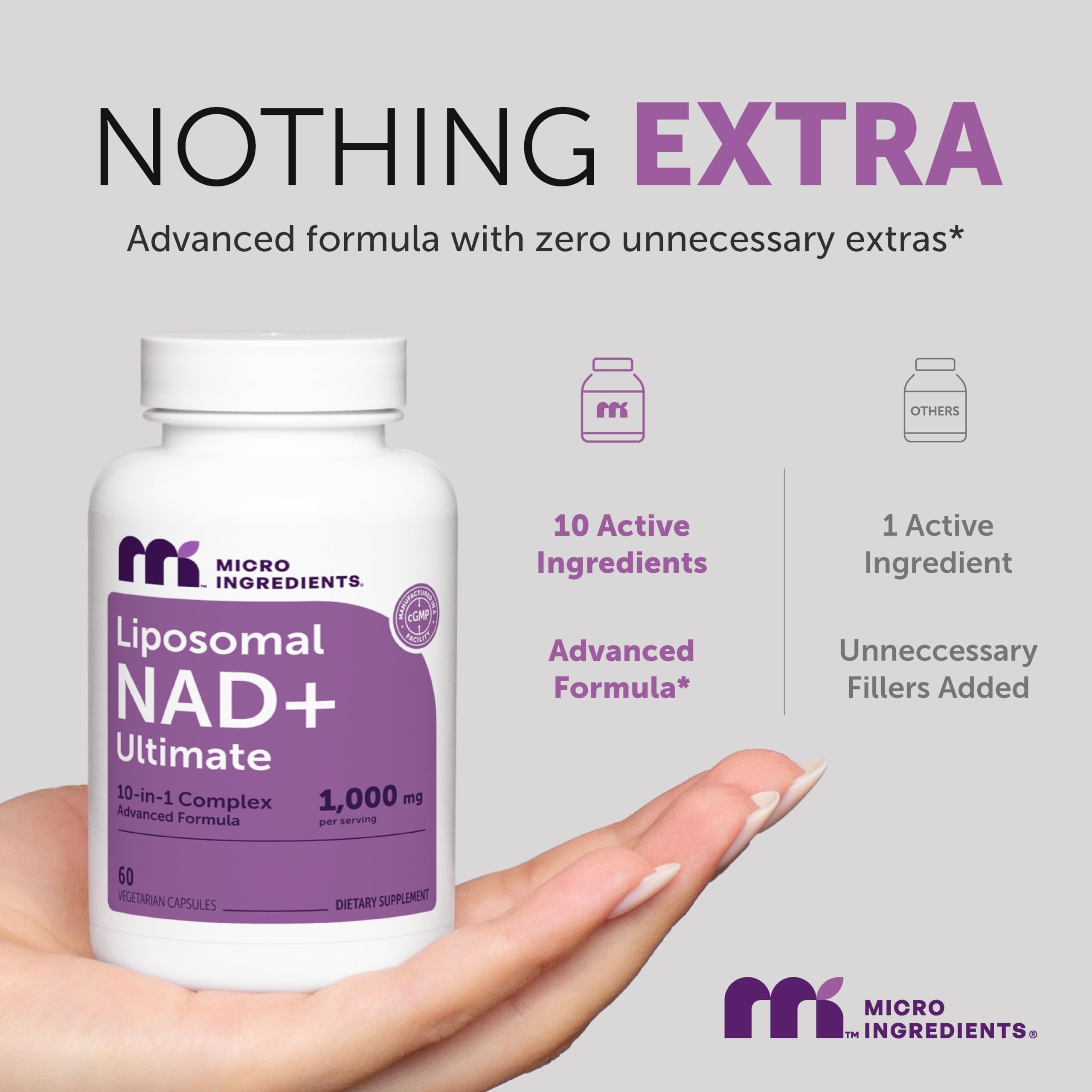 Micro Ingredients Liposomal NAD+ Complex 1,000 mg Per Serving, 60 Capsules | 10-in-1 with Resveratrol, Glutathione, ALA & Astaxanthin. NMN Supplement Alternative for Women & Men. Vegetarian, Non-GMO.