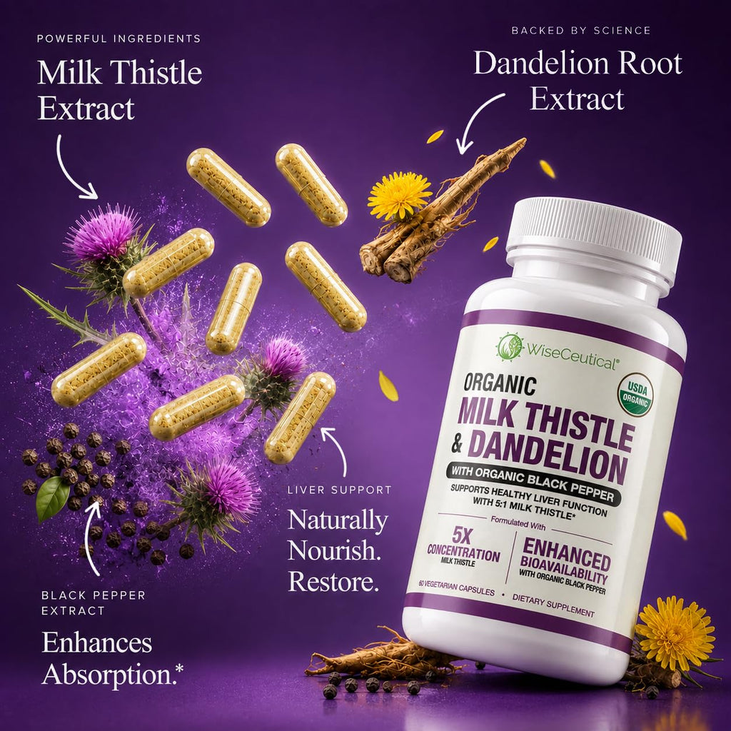 Max Absorption USDA Organic Milk Thistle Potent 5:1 Concentrated Extract (2000mg Strength) & Organic Dandelion Root | Silymarin Antioxidant Flavonoid | Liver Support Supplement (60 Count (Pack of 1))