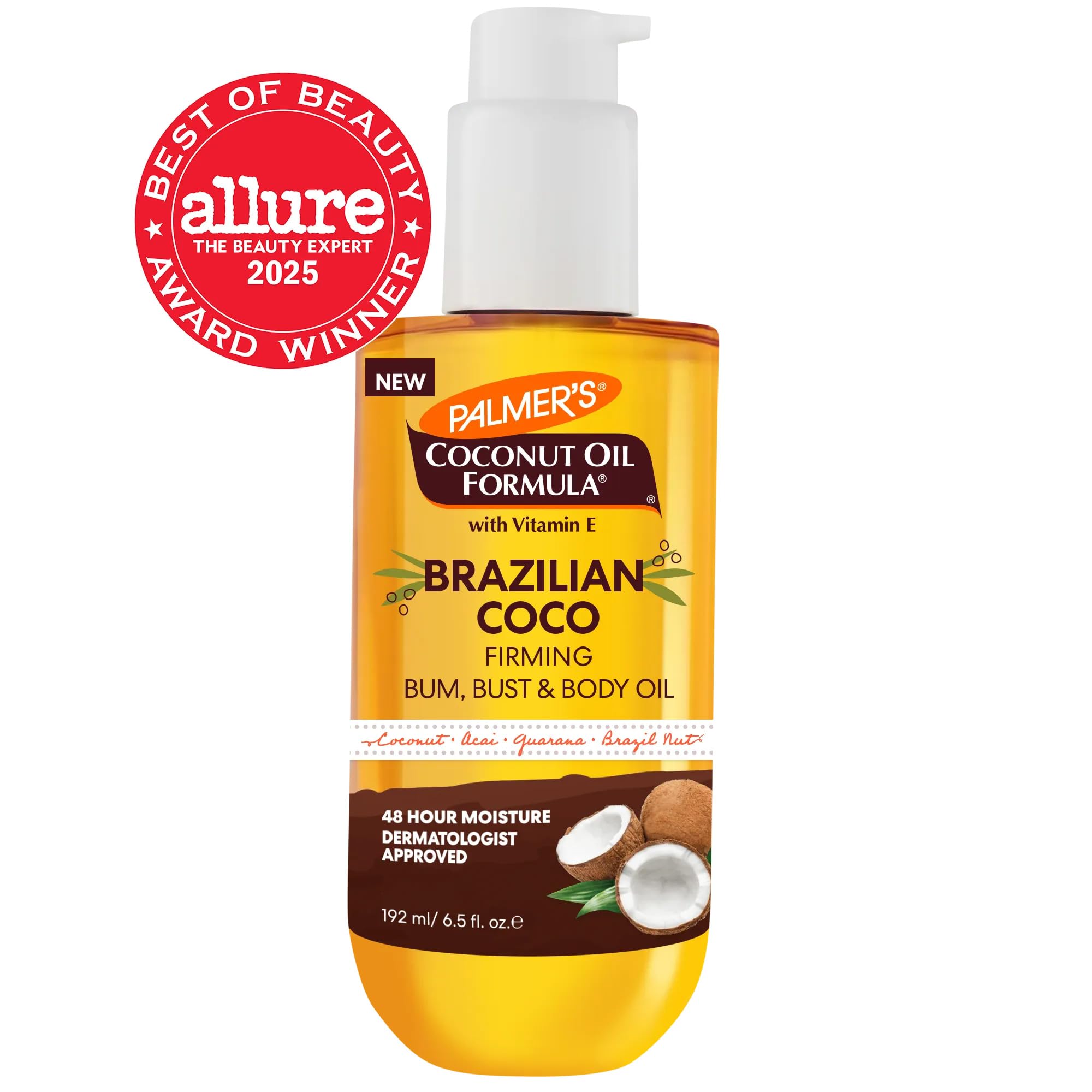 Palmer's Brazilian Cocoa Firming Body Oil, Coconut Oil Formula (6.5 Fl Oz) | Helps with Skin Tightening & Firming of Bum, Bust & Belly with Vitamin E, Provides 48hr Moisture, Dermatologist Approved