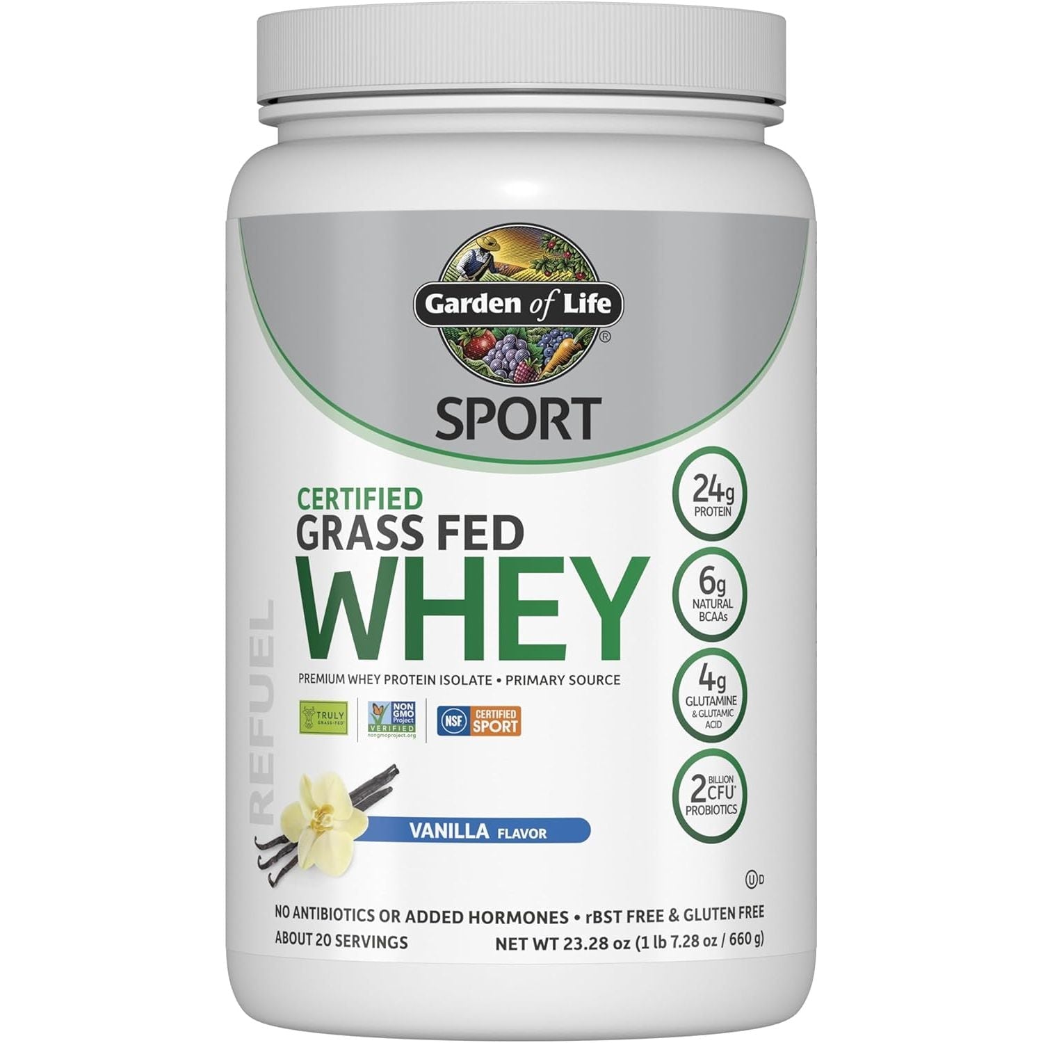 Buy now Garden of Life SPORT Whey Protein Powder Vanilla, Premium Grass Fed Whey Protein Isolate plus Probiotics for Immune System Health, 24g Protein, Non GMO, Gluten Free, Cold Processed - 20 Servings Vanilla at indiglob india
