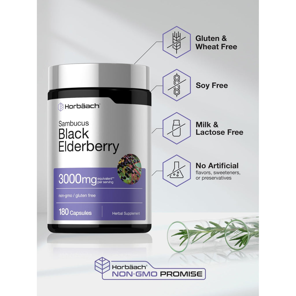 Horbäach Black Elderberry | 180 Capsules | Sambucus Extract Supplement | Non-GMO & Gluten Free